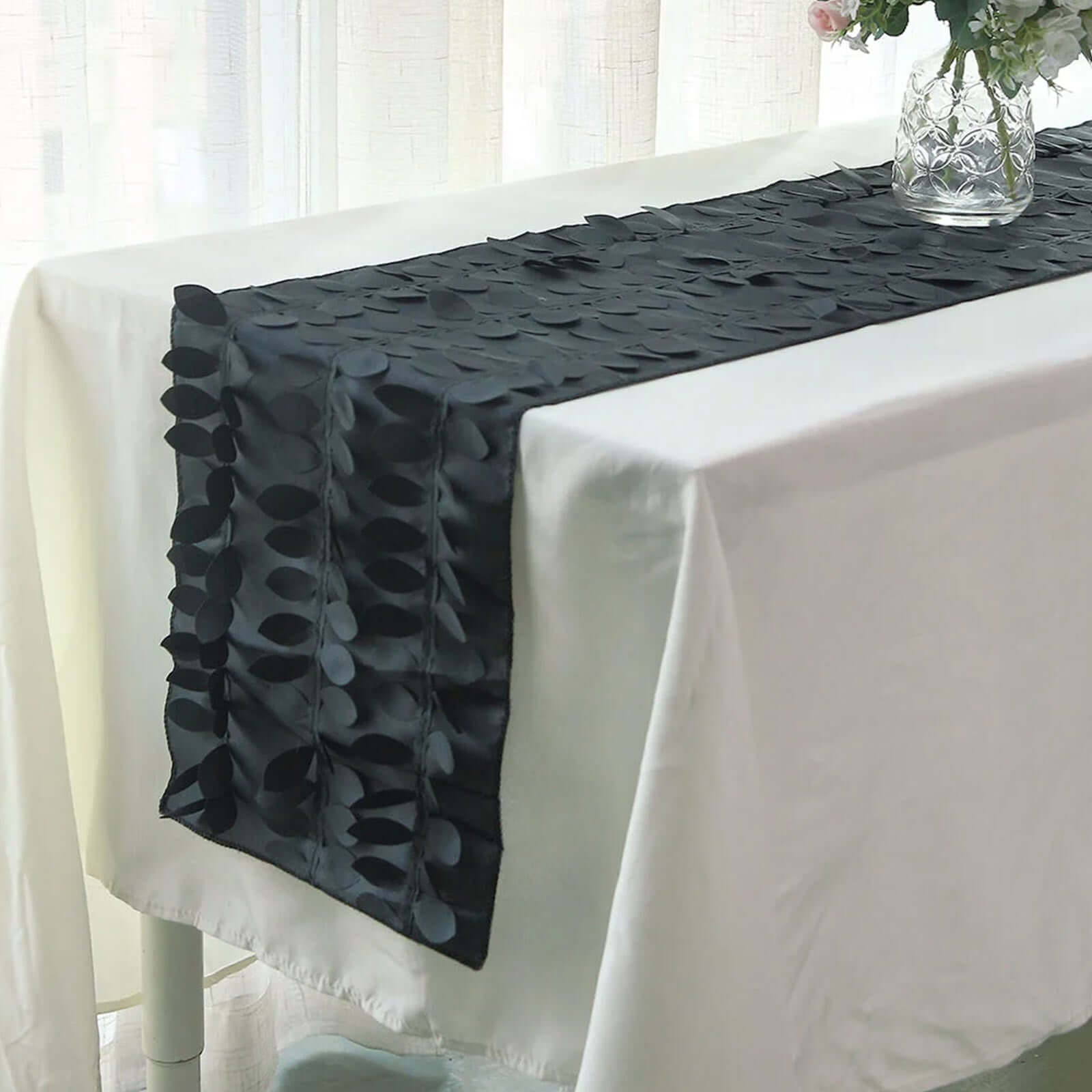 Taffeta Fabric 12x108 Table Runner Black - 3D Leaf Petal Design