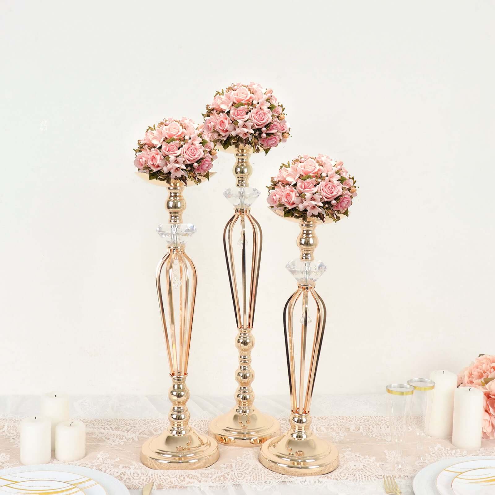 Set of 3 Metal Pedestal Stands with Crystal Ball Flower Bowl Design Gold - Pillar Candle Holders 20, 23, 25