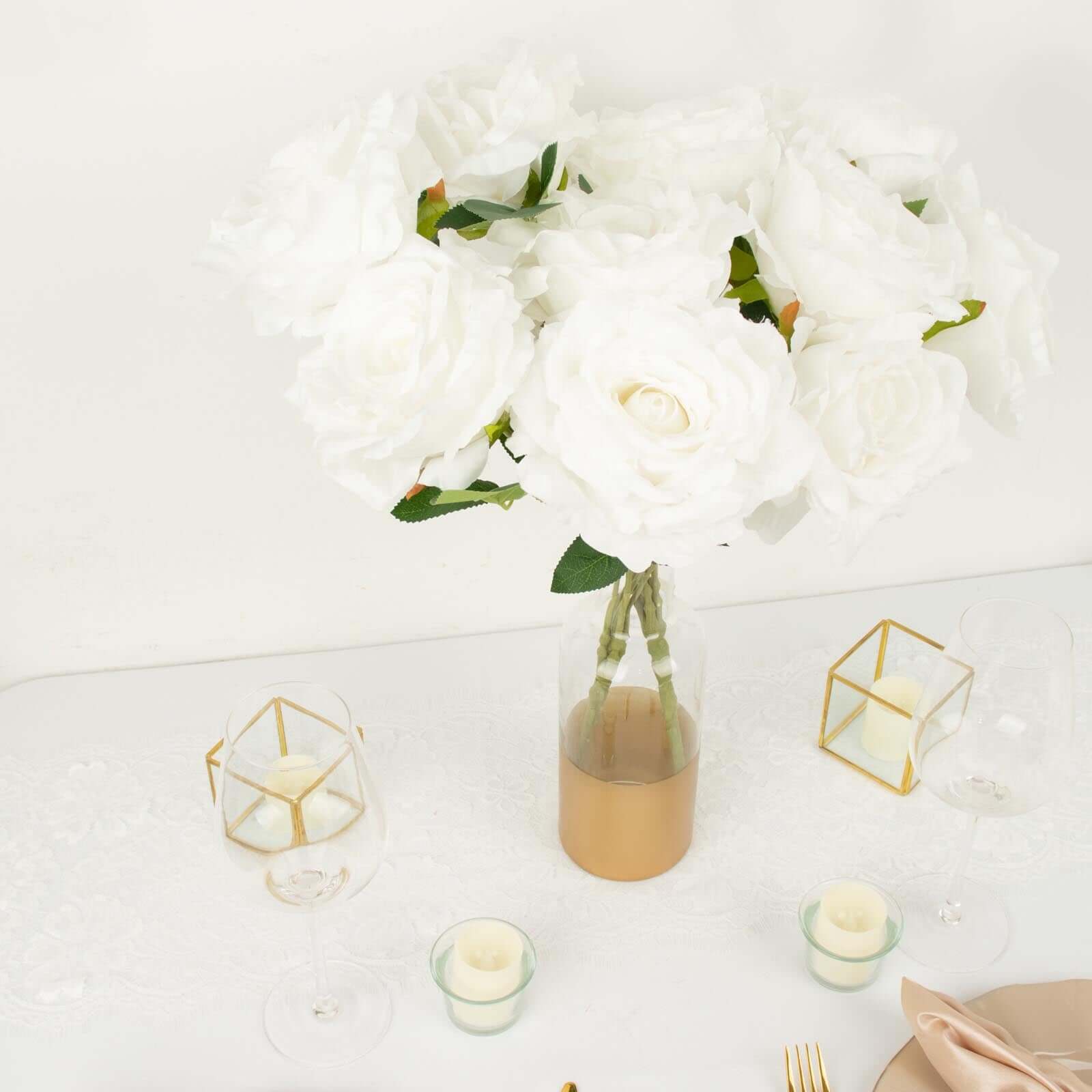 2 Bushes 17 White Premium Silk Jumbo Rose Flower Bouquet, High Quality Artificial Wedding Floral Arrangements