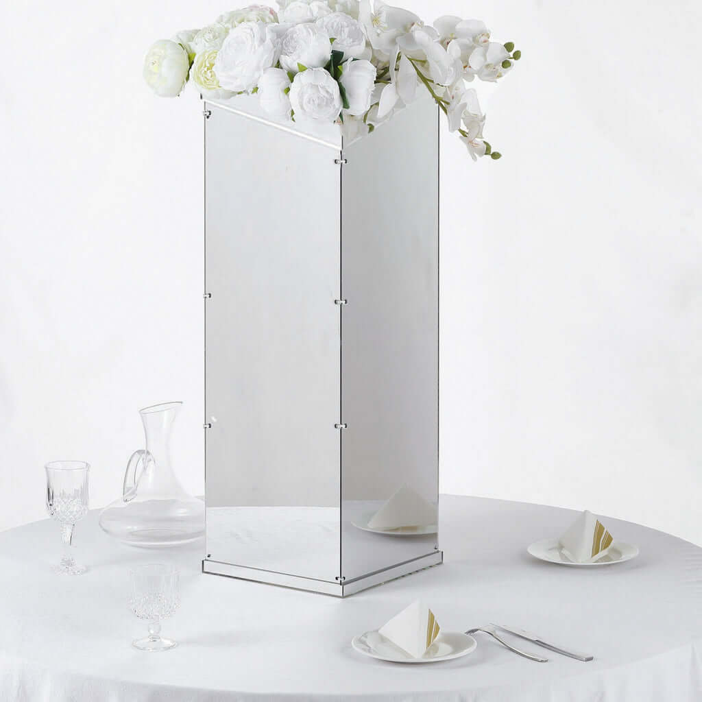 32 Silver Mirror Finish Acrylic Display Box, Pedestal Riser with Interchangeable Lid and Base