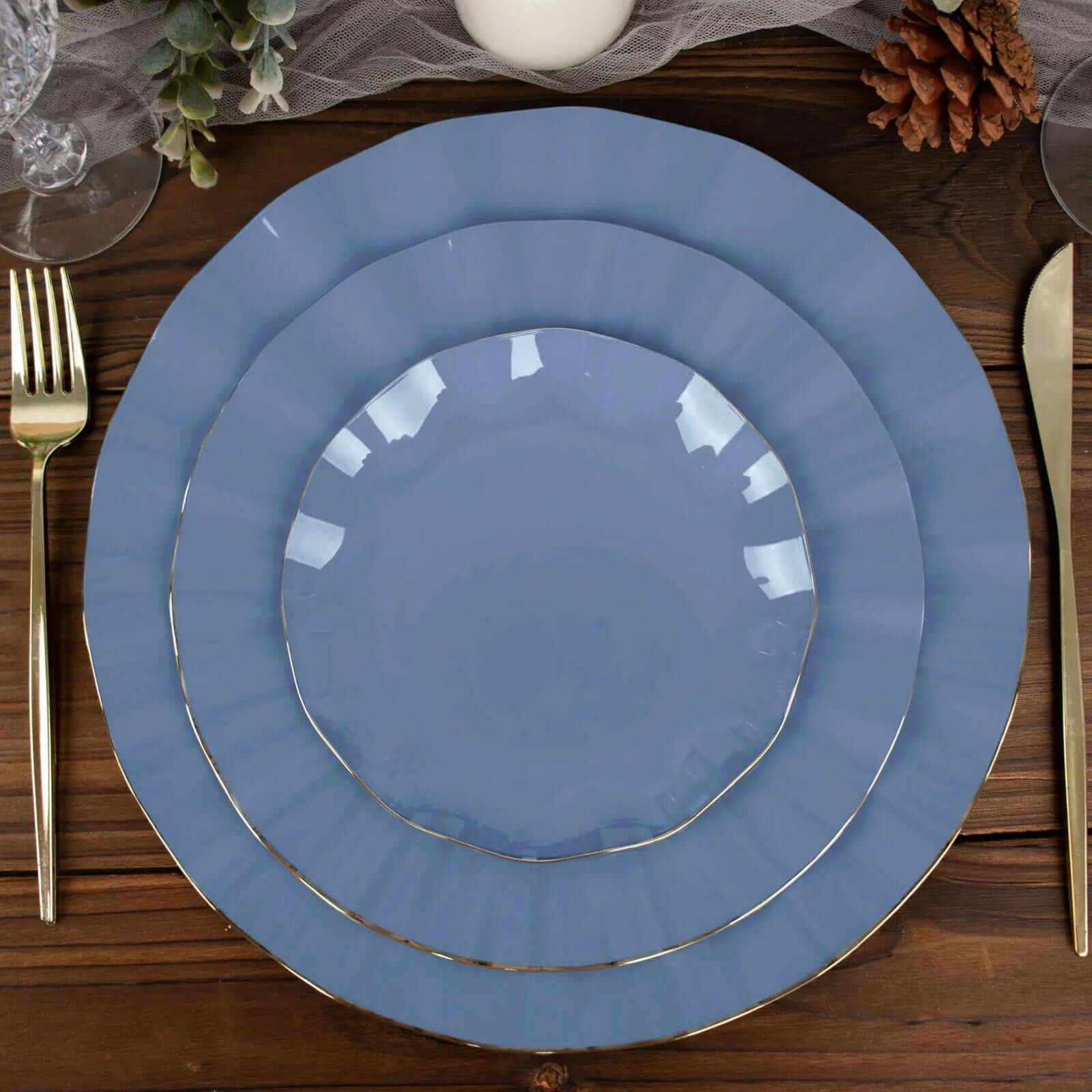 10-Pack Plastic Round 6 Dessert Plates in Ocean Blue Ruffled Rim with Gold Edging - Sturdy Disposable Salad Appetizer Dinnerware