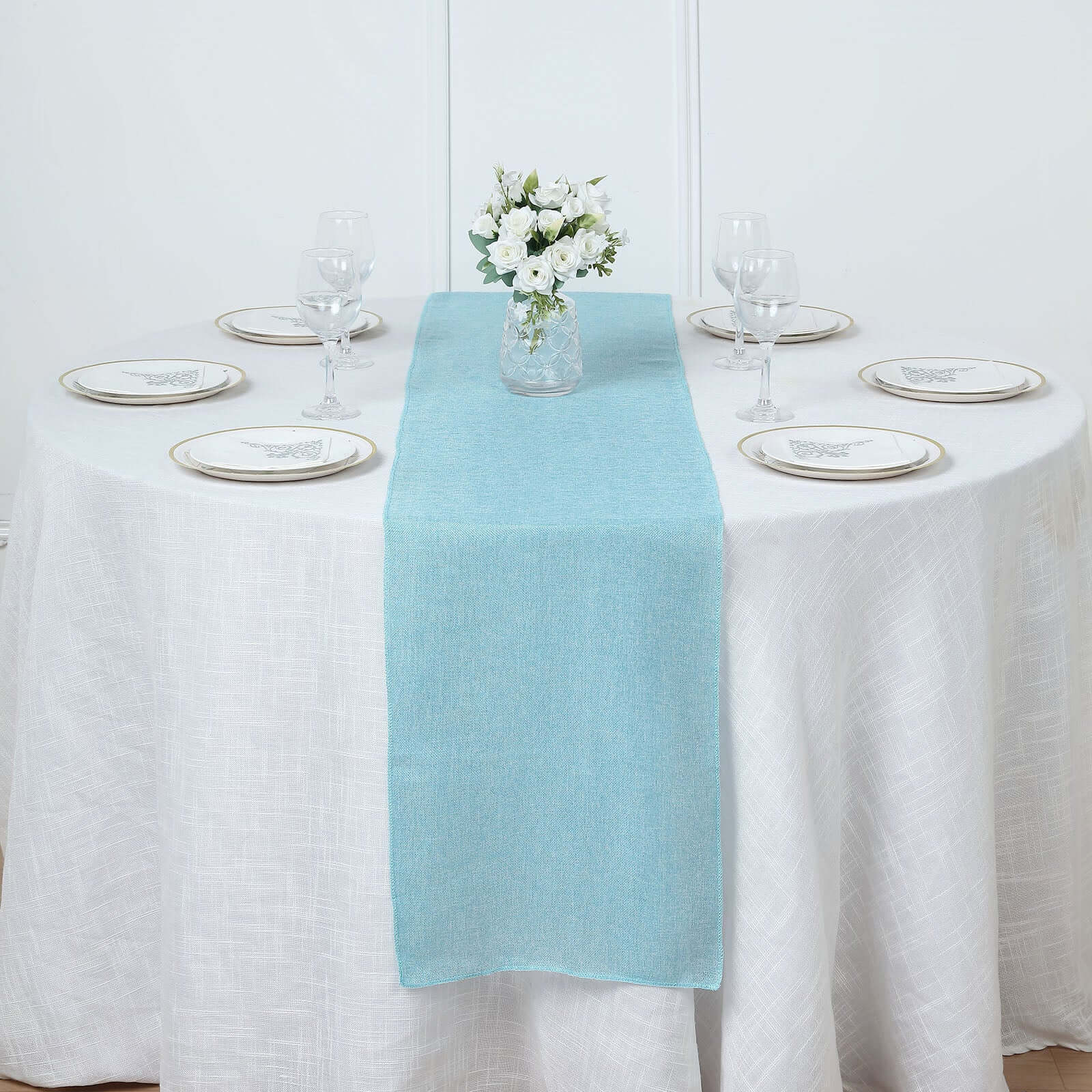 14x108 Turquoise Boho Chic Rustic Faux Burlap Cloth Table Runner