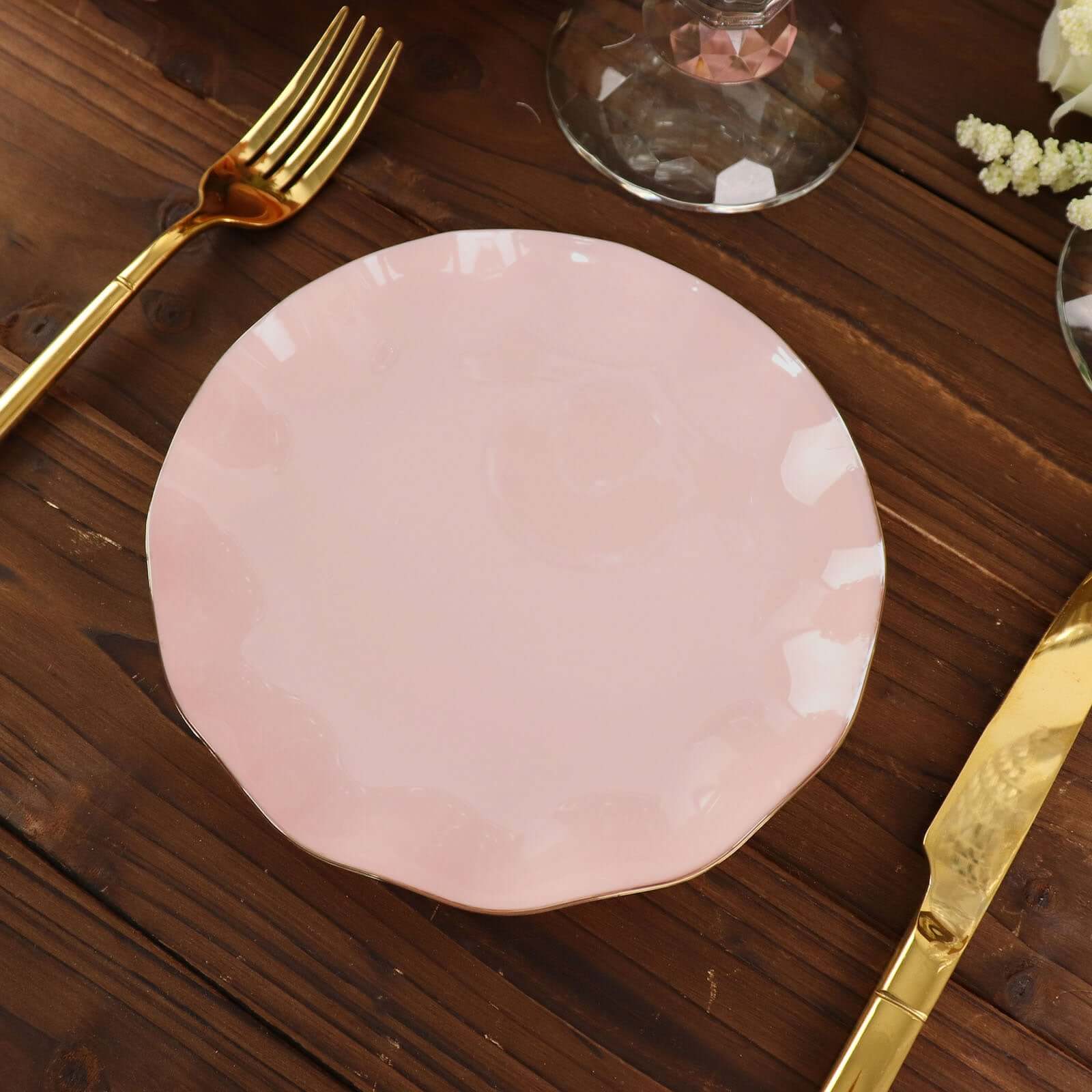 10-Pack Plastic Round 6 Dessert Plates in Blush Ruffled Rim with Gold Edging - Sturdy Disposable Salad Appetizer Dinnerware