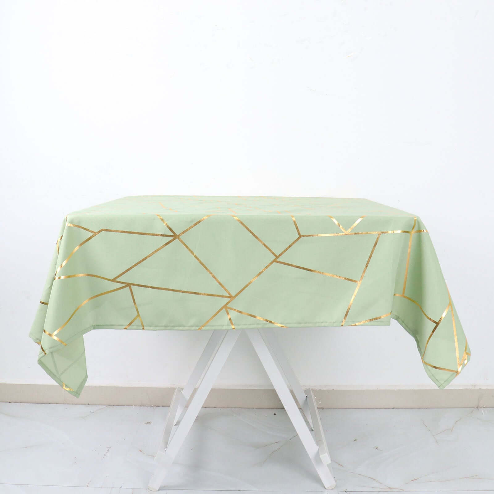 Polyester 54x54 Square Tablecloth Sage Green with Gold Foil Geometric Pattern - Wrinkle-Resistant & Durable for Stylish Settings