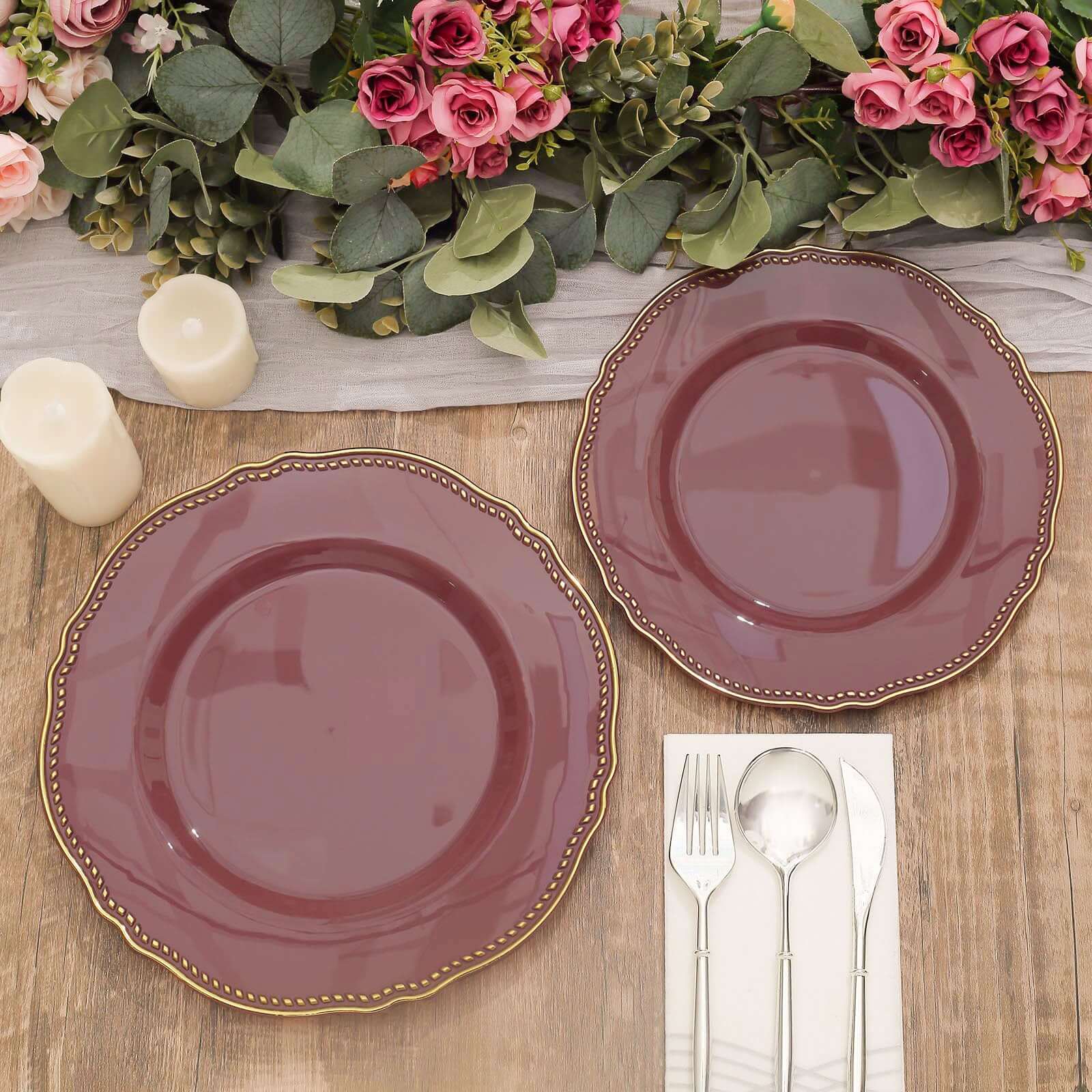 10-Pack Plastic Dinner Plates in Cinnamon Rose with Gold Scalloped Rim - Disposable Party Plates 9