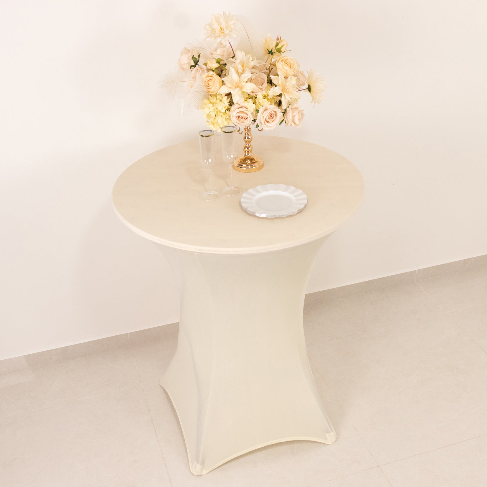 Spandex 33-36 Round Cocktail Table Cover Ivory - Easy to Maintain Stretch Fitted Highboy Tablecloth