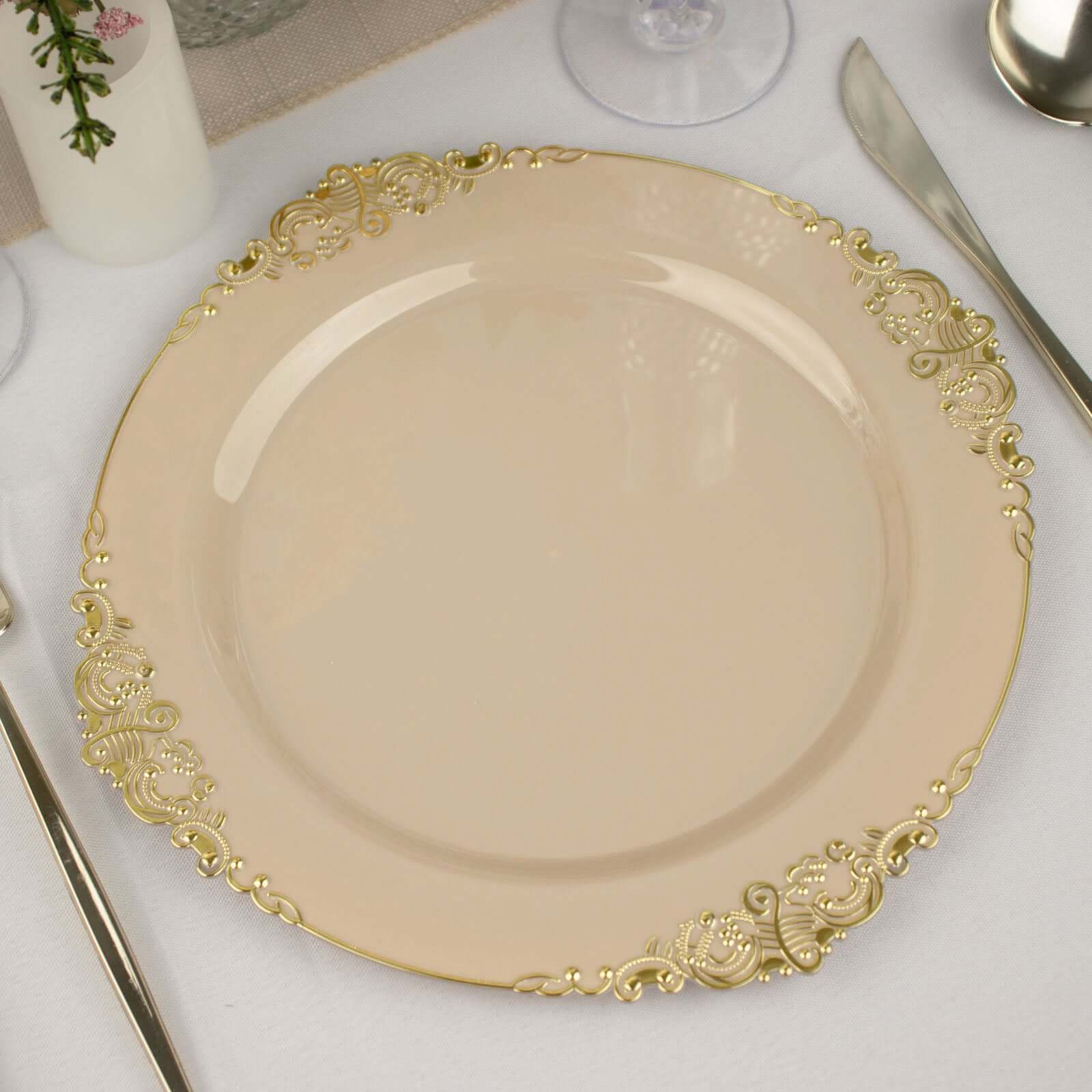 10-Pack Plastic 10 Round Dinner Plates in Taupe with Gold Leaf Embossed Rim - Disposable Vintage Baroque Style Plates