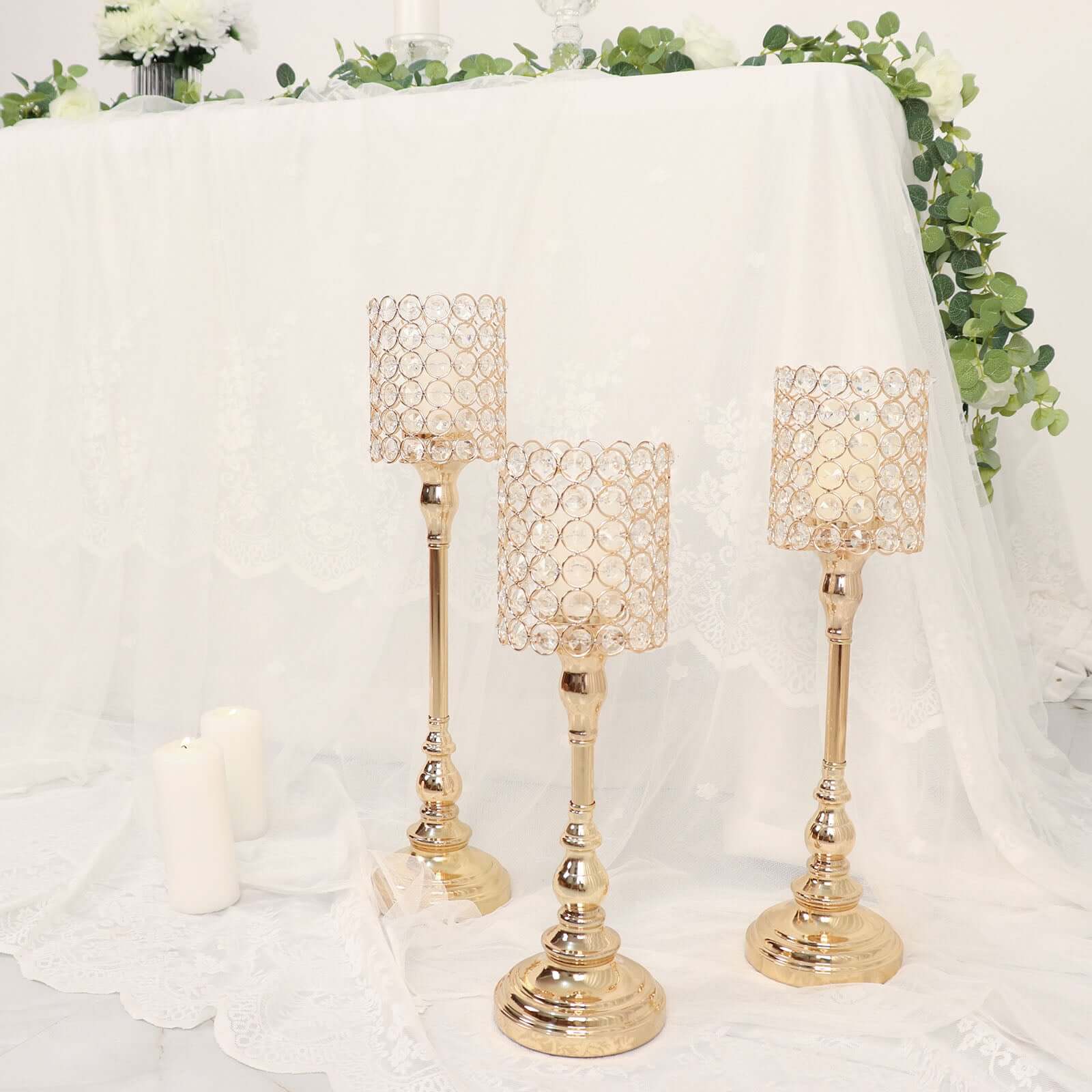 Set of 3 Crystal Beaded Goblet Votive Candle Holder Stands Gold - Tea Light Centerpiece 18, 16, 14