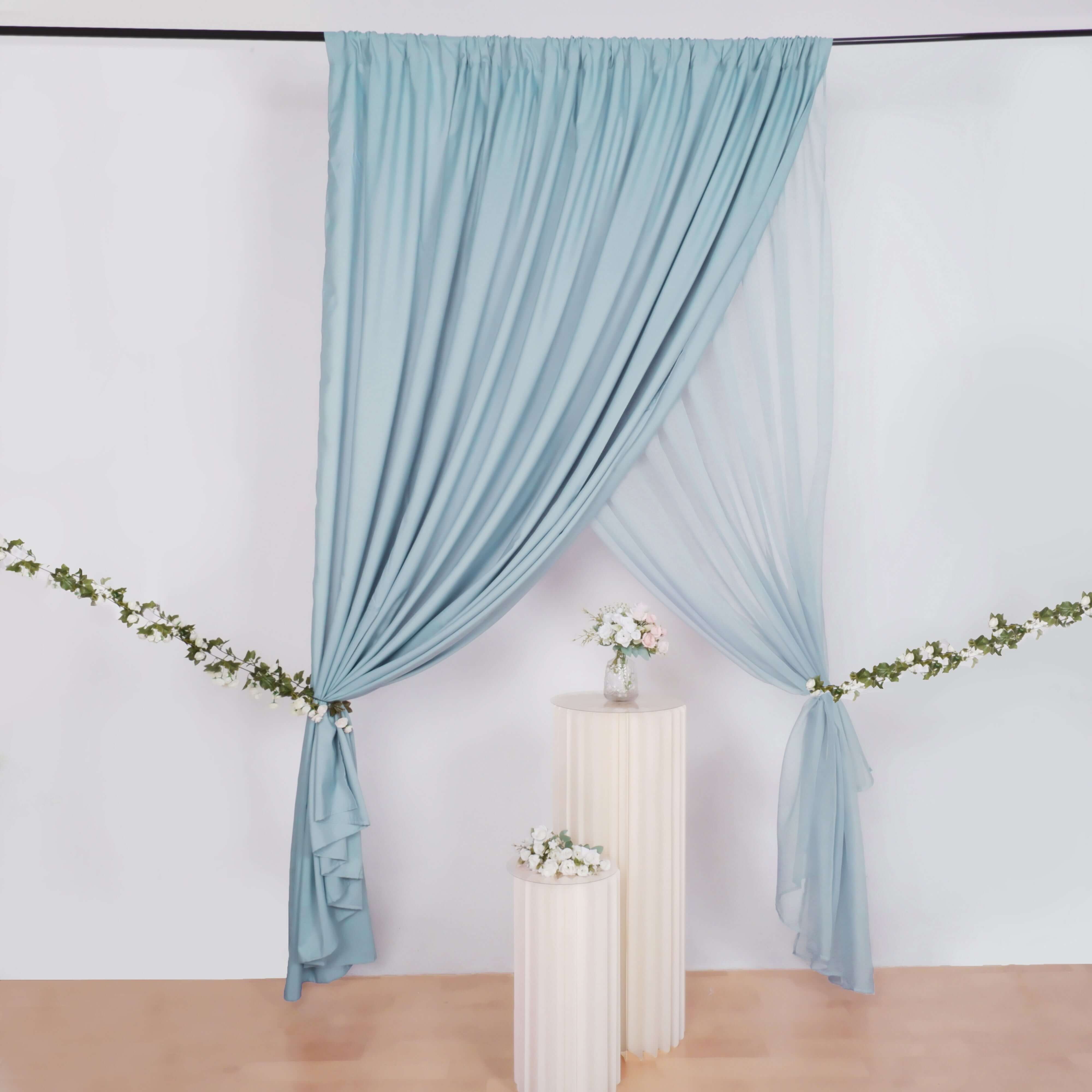 Dusty Blue Chiffon Polyester Event Curtain Drapes, Dual Layer Divider Backdrop Curtain Panels with Rod Pockets - 10ftx10ft