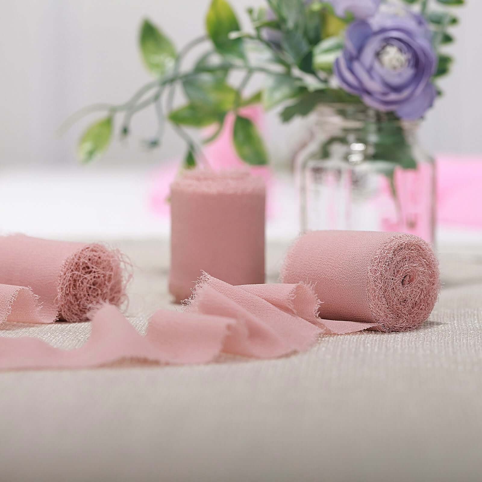 2 Pack 6yd Dusty Rose Silk-Like Chiffon Linen Ribbon Roll For Bouquets, Wedding Invitations Gift Wrapping