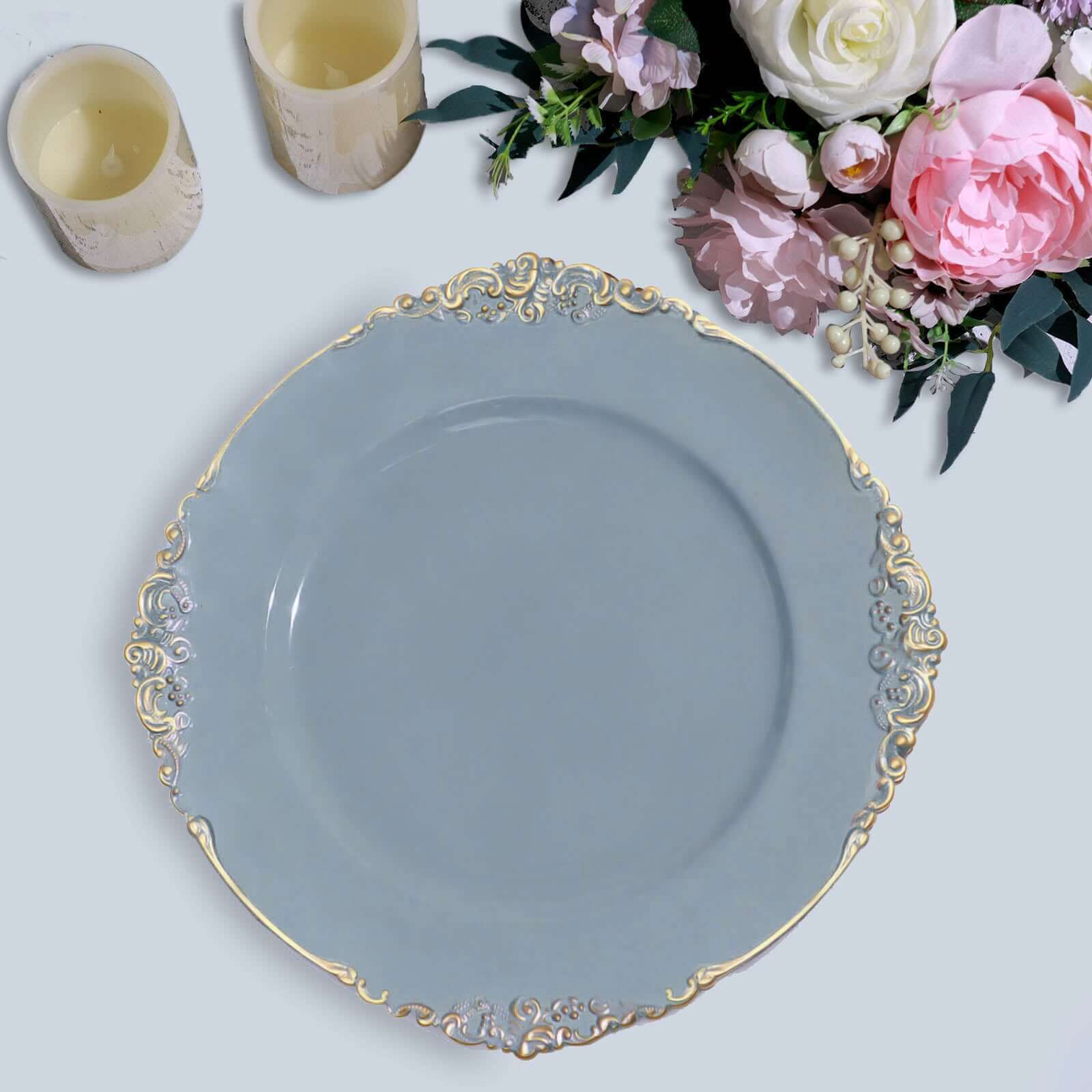 6-Pack Acrylic Round Charger Plates 13 in Dusty Blue with Gold Embossed Baroque Rim, Antique Decorative Dinner Party Charger Tableware