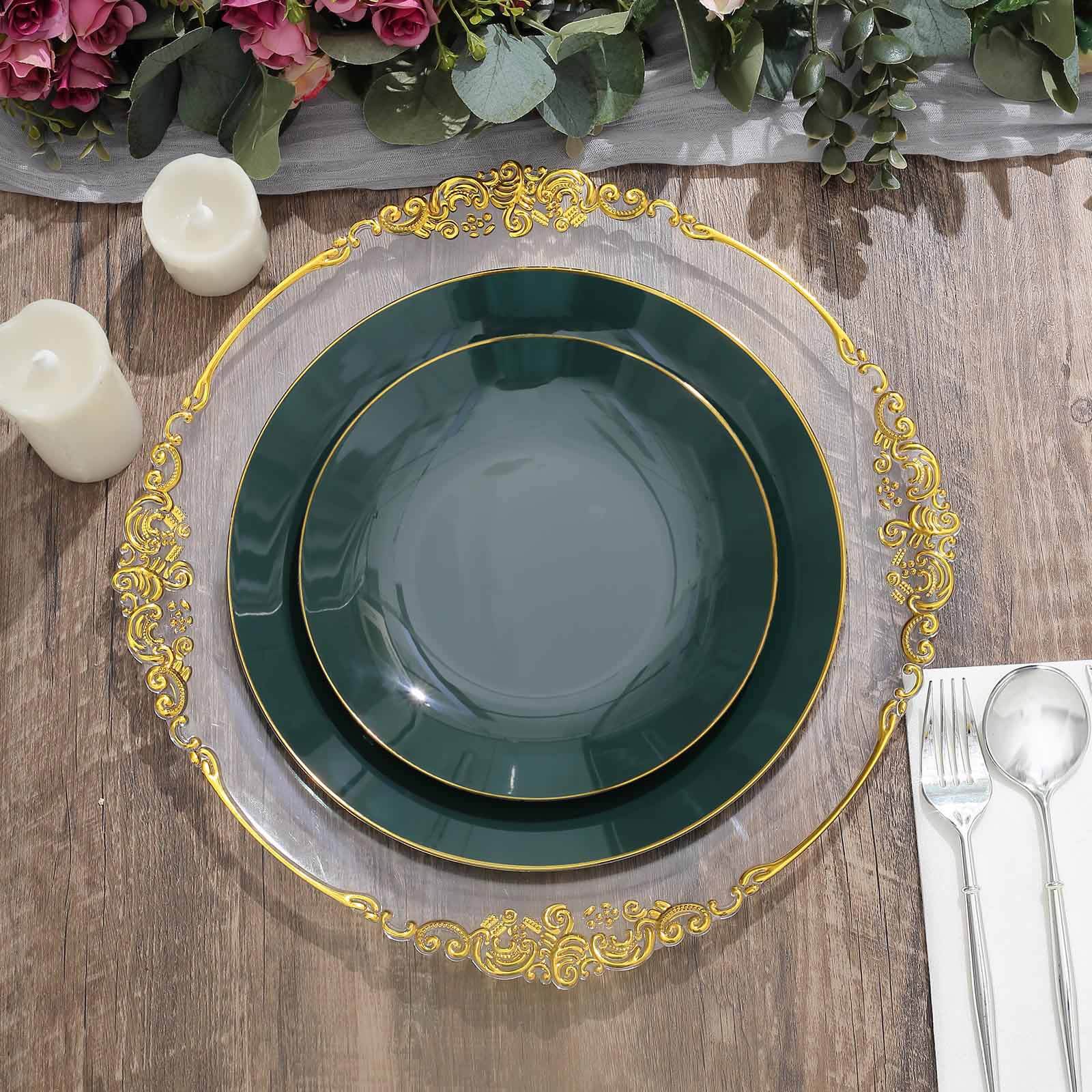 10-Pack Plastic 10 Round Dinner Plates in Hunter Emerald Green with Gold Rim - Glossy Disposable Party Plates