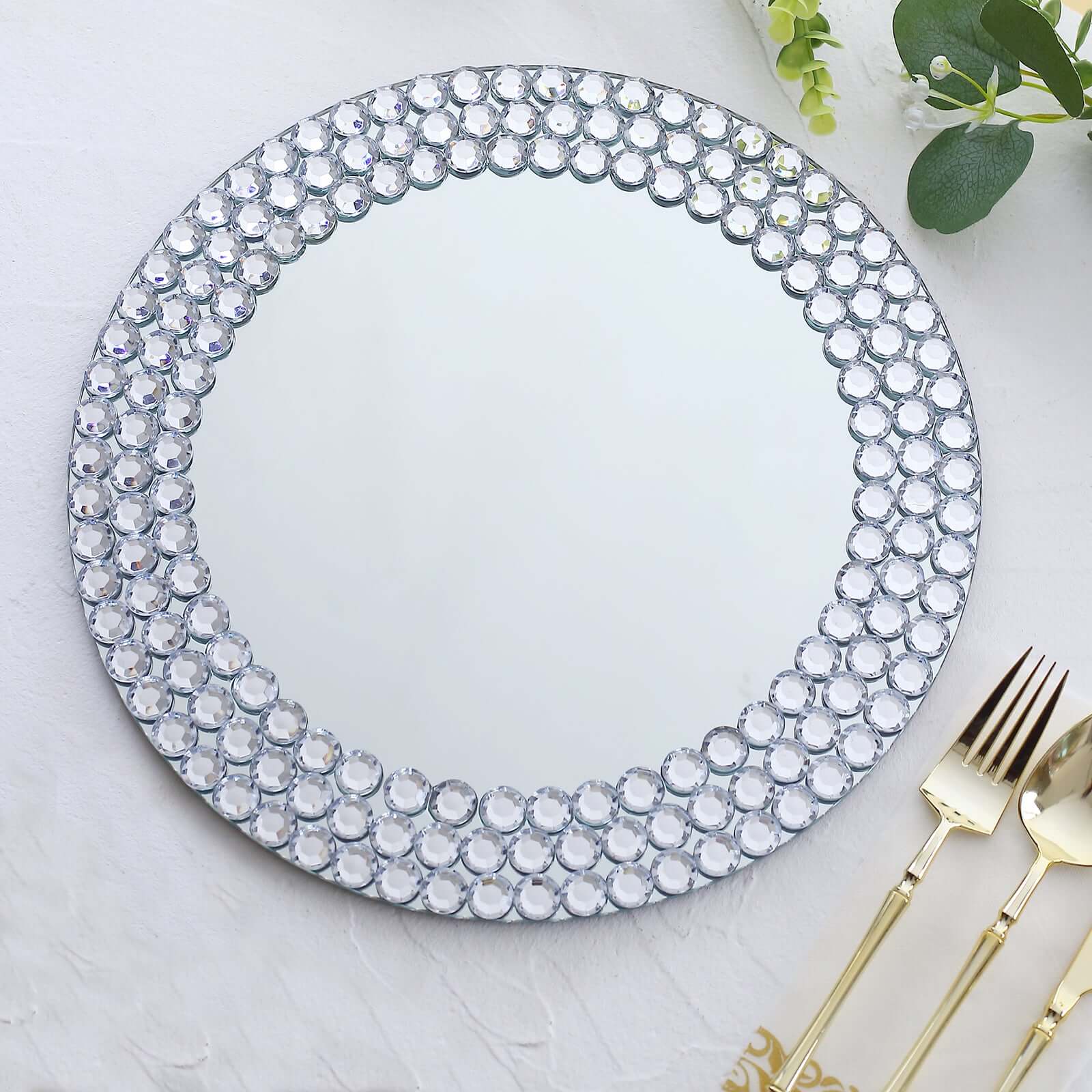 2-Pack Mirror Glass Round Charger Plates 13 with Silver Mirror Diamond Beaded Rim, Upscale Decorative Chargers