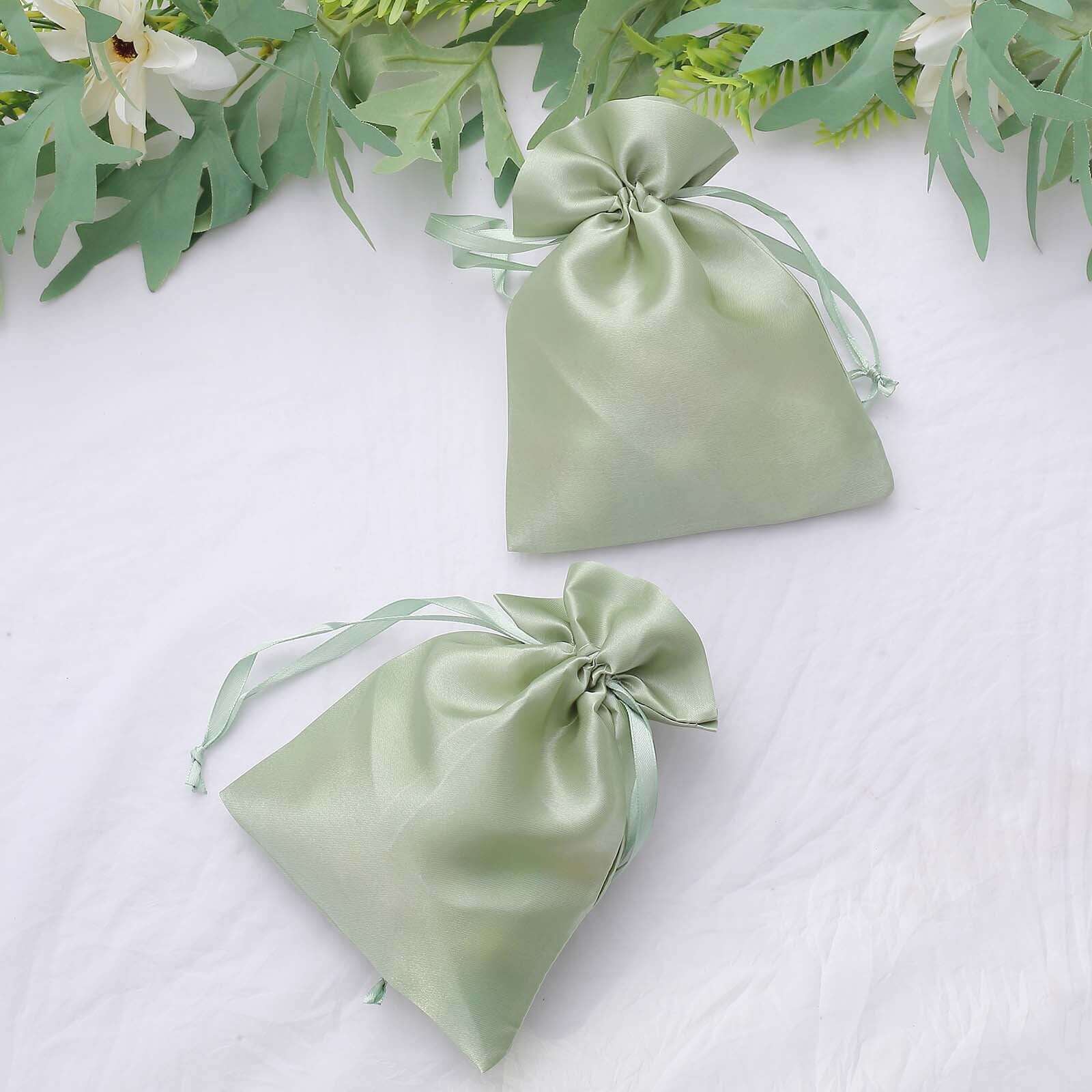 12 Pack 5x7 Sage Green Satin Drawstring Wedding Party Favor Gift Bags, Drawstring Pouch Gift Bags