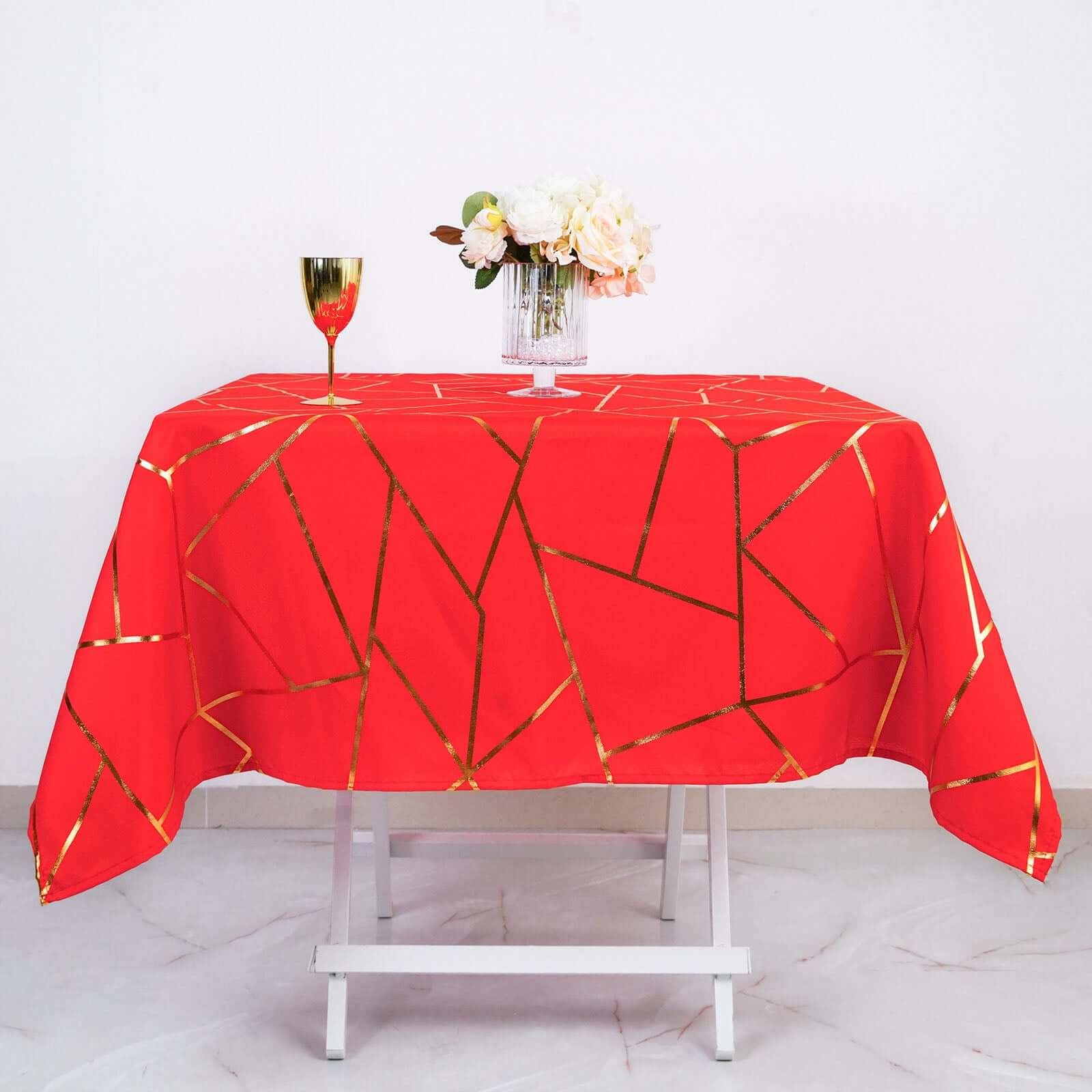 Polyester 54x54 Table Overlay Square Tablecloth Red with Gold Foil Geometric Pattern - Wrinkle-Resistant & Durable Table Topper