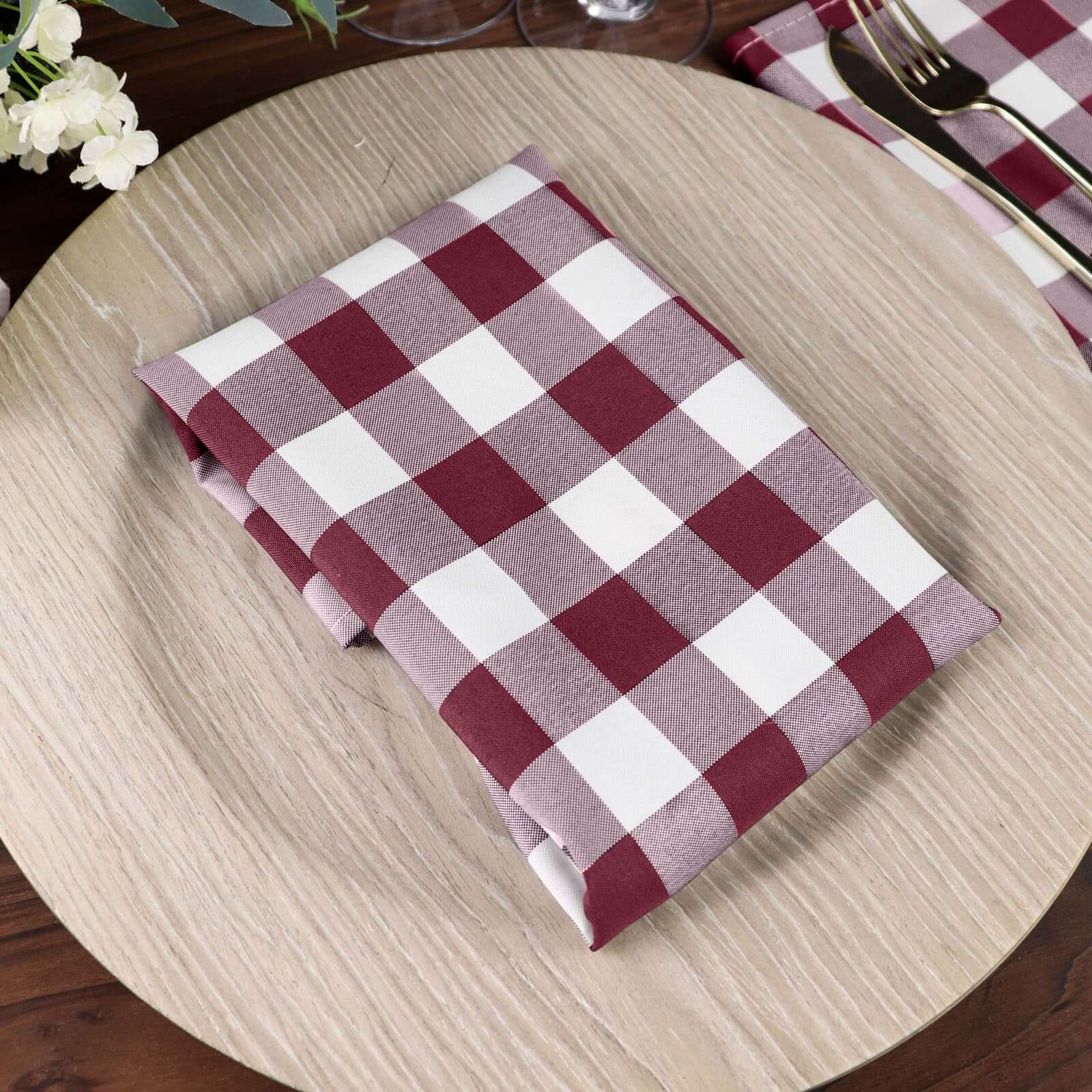 5 Pack Polyester 15x15 Napkins Burgundy/White Buffalo Plaid Gingham Style Cloth Napkins