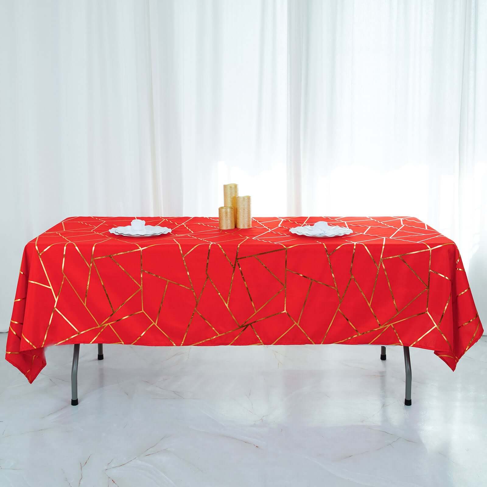 Polyester 60x102 Rectangle Tablecloth Red with Gold Foil Geometric Pattern - Wrinkle-Resistant & Durable Table Cover