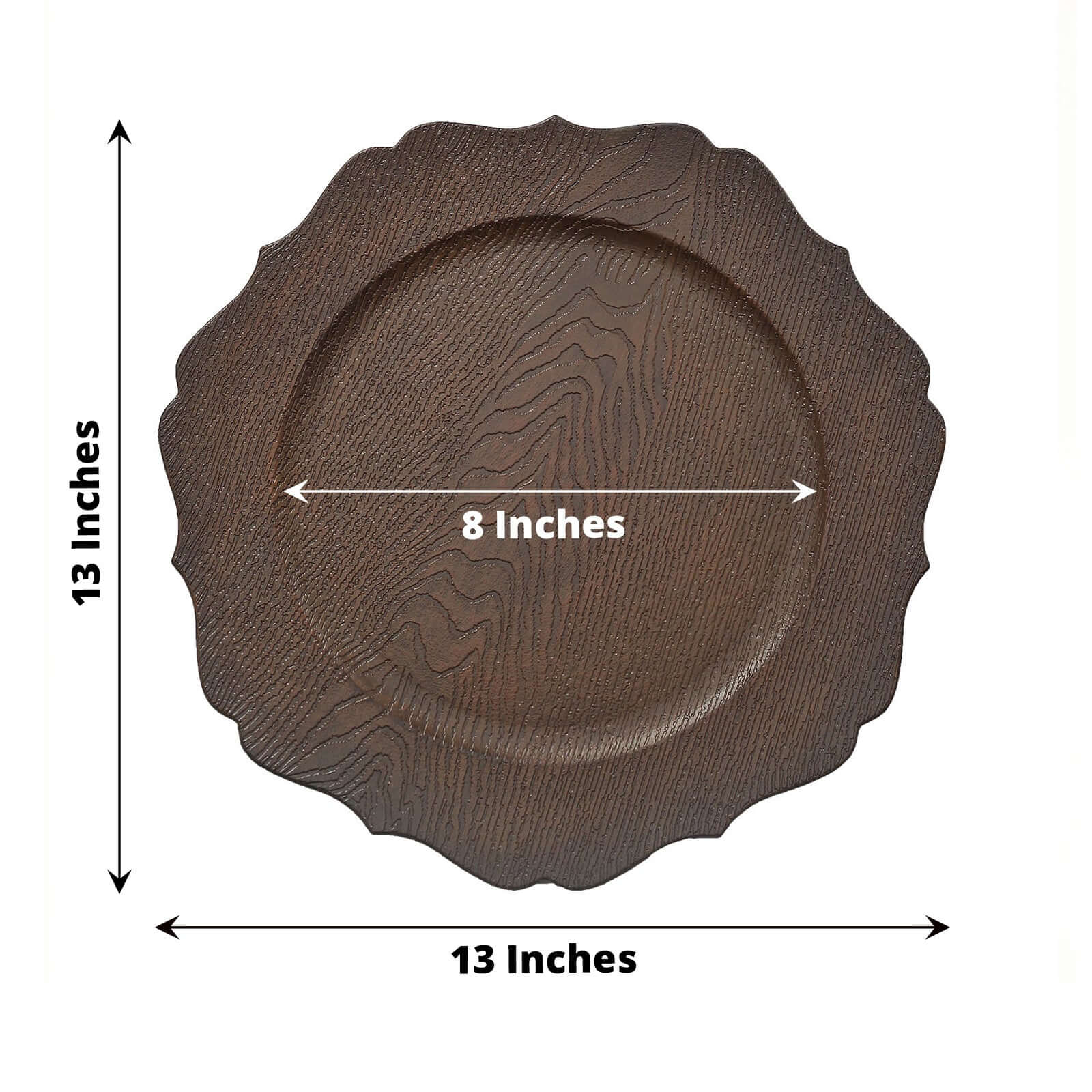 6-Pack Acrylic Round Charger Plates 13 in Rustic Brown with Wood Grain Scalloped Rim, Decorative Dinner Party Charger Tableware