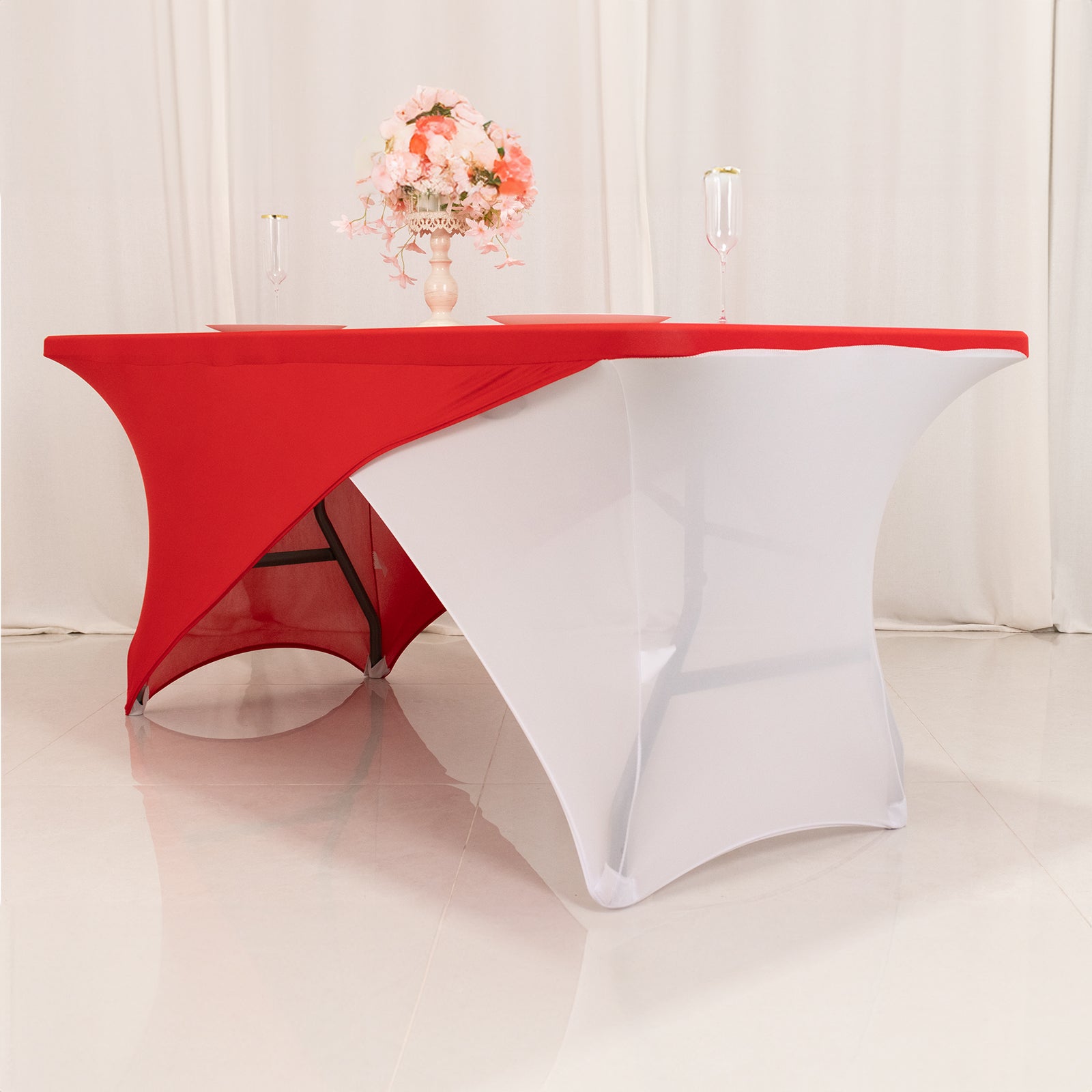 Stretch Spandex 72x30 Rectangle Table Cover Red/White Cross Over Design - Versatile & Sleek Two-Piece Fitted Tablecloth with Elastic Foot Pockets