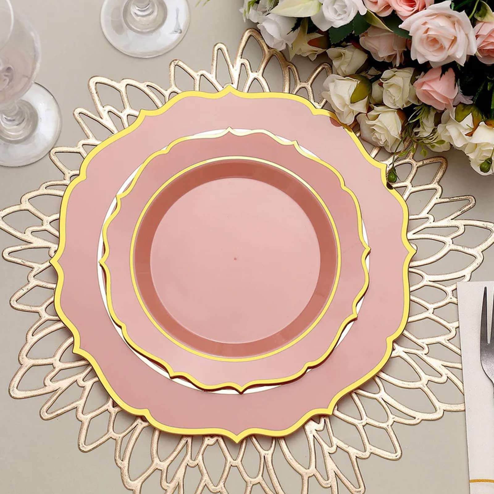 10-Pack Plastic 8 Round Desert Plates in Dusty Rose with Gold Scalloped Rim - Disposable Appetizer/Salad Plates