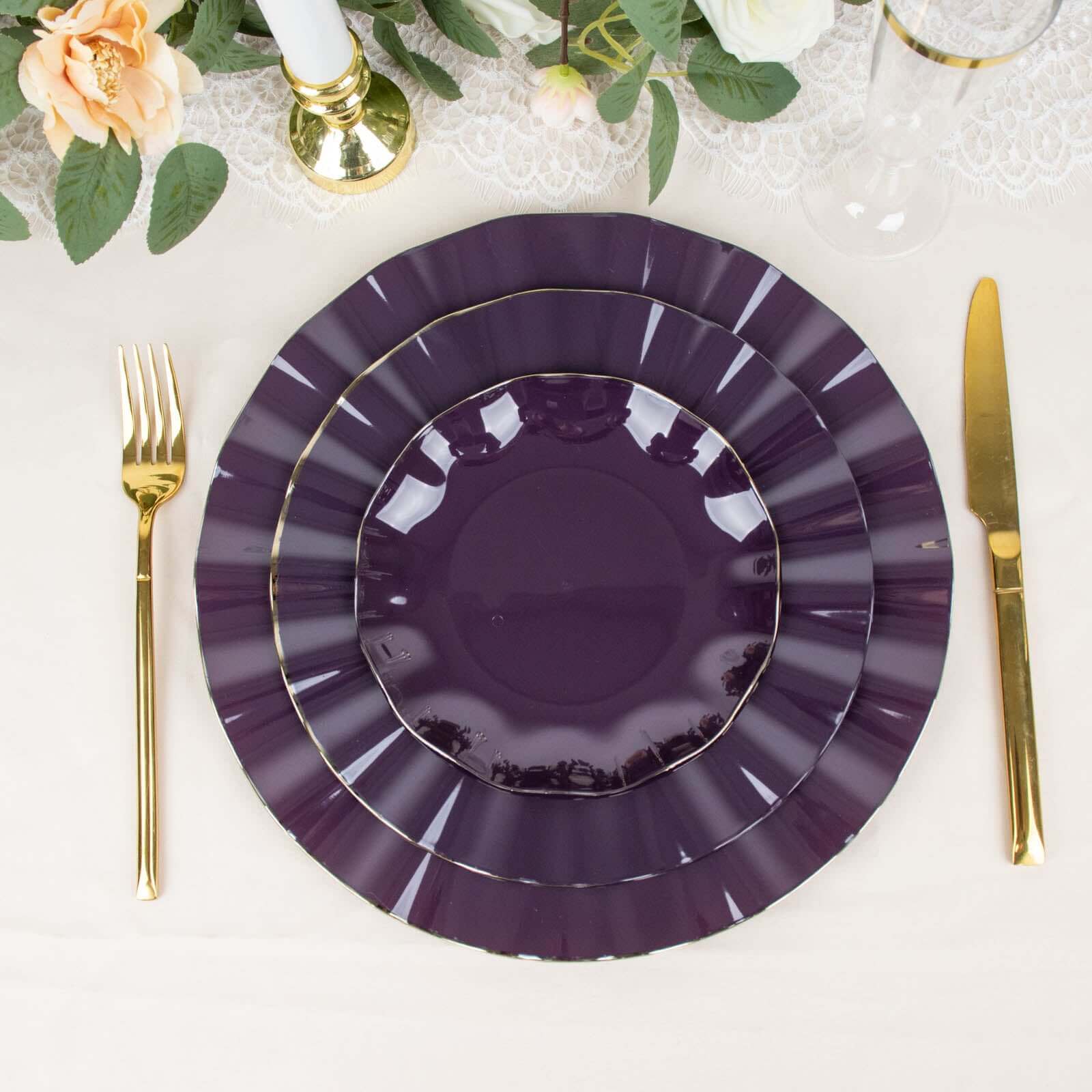 10-Pack Plastic Round 6 Dessert Plates in Purple Ruffled Rim with Gold Edging - Sturdy Disposable Salad Appetizer Dinnerware