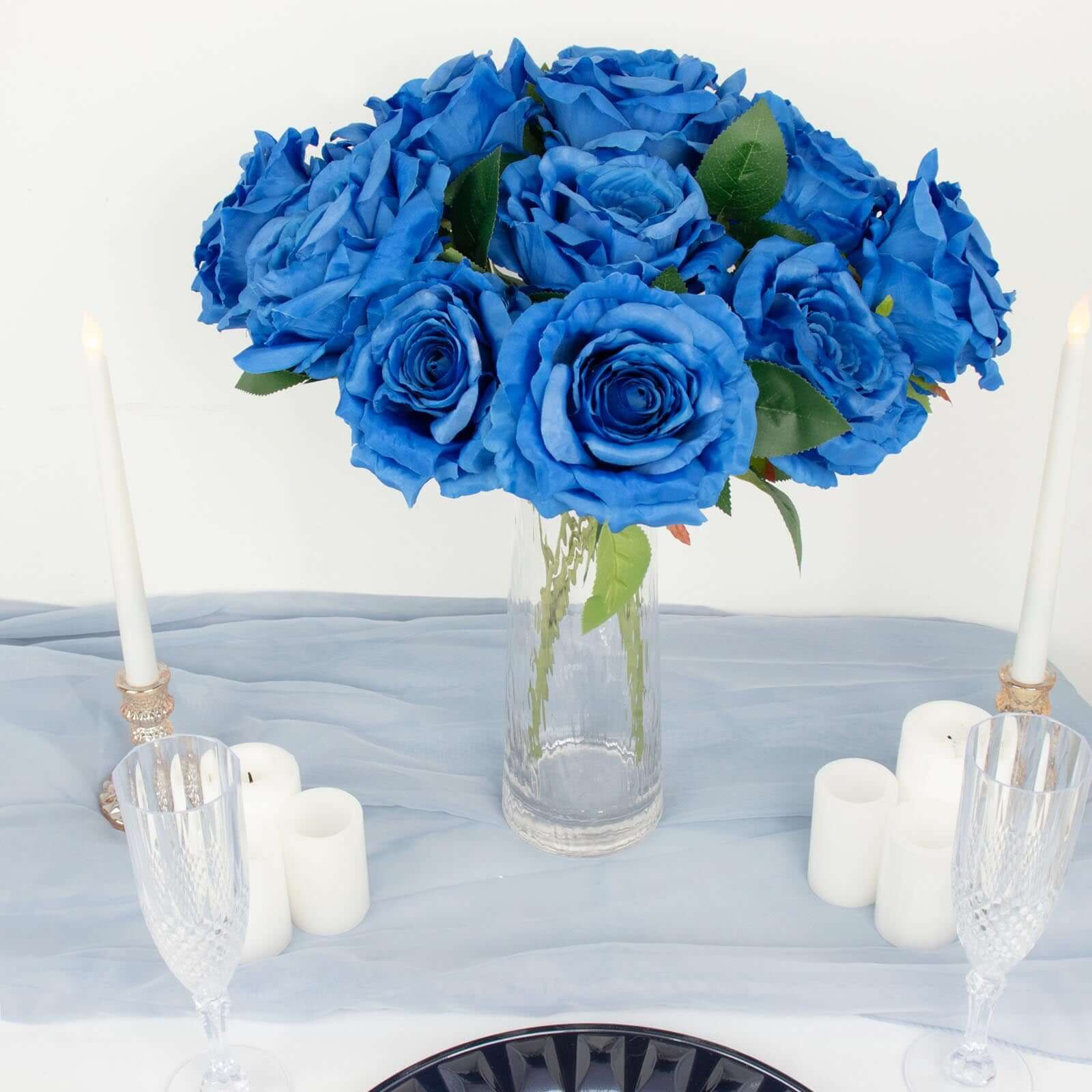 2 Bushes 17 Royal Blue Premium Silk Jumbo Rose Flower Bouquet, High Quality Artificial Wedding Floral Arrangements