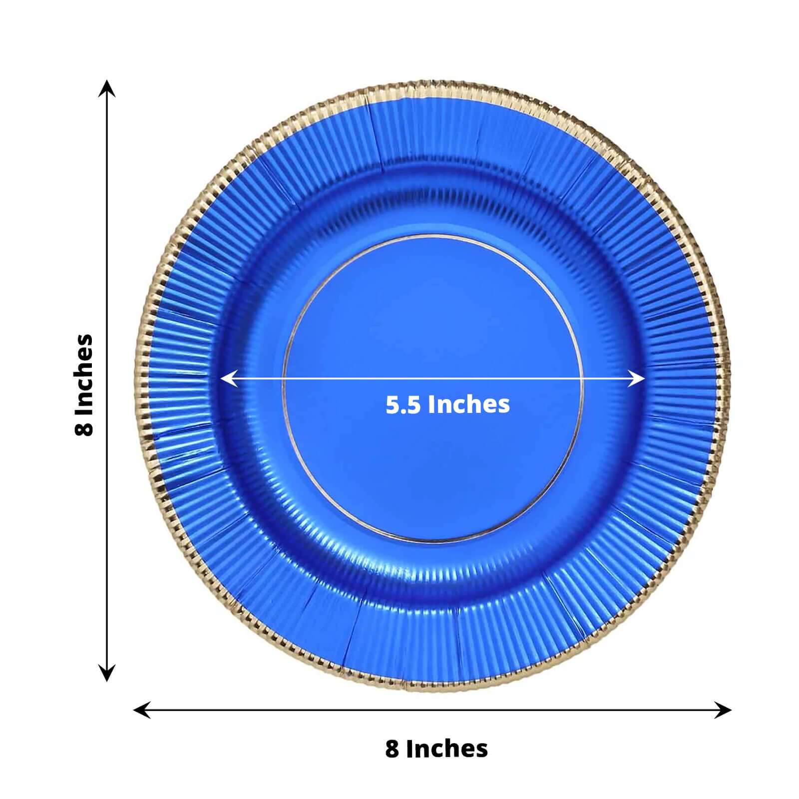 25-Pack Paper 8 Round Dessert Plates in Royal Blue Sunray Design with Gold Rim - Disposable Heavy Duty 350GSM Appetizer Salad Plates