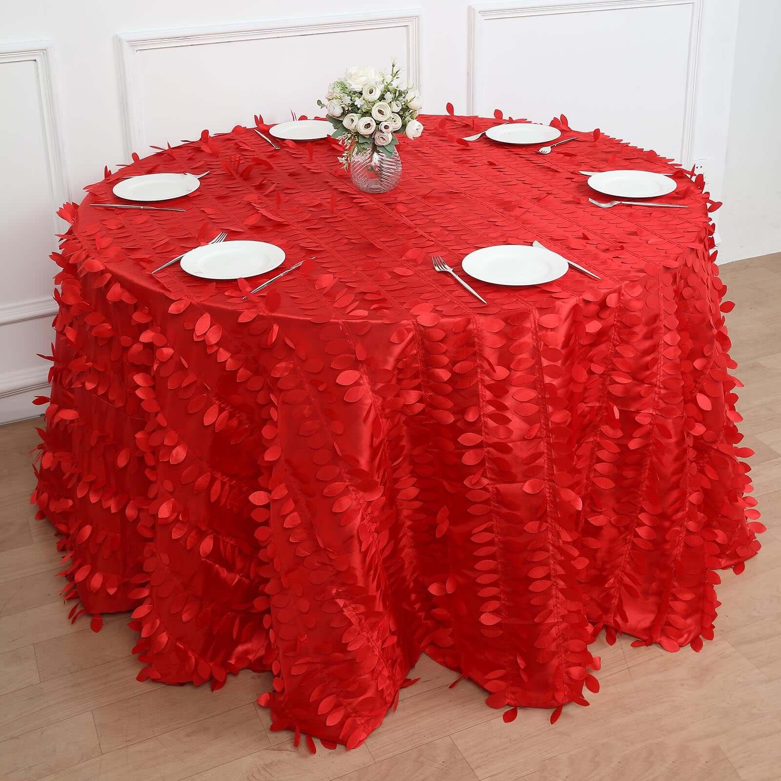 120 Red 3D Leaf Petal Taffeta Fabric Seamless Round Tablecloth for 5 Foot Table With Floor-Length Drop