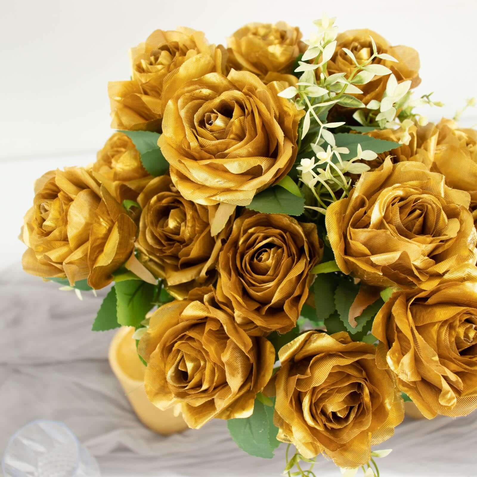 2 Bushes 18 Real Touch Gold Artificial Rose Flower Bouquet, Silk Long Stem Flower Arrangements