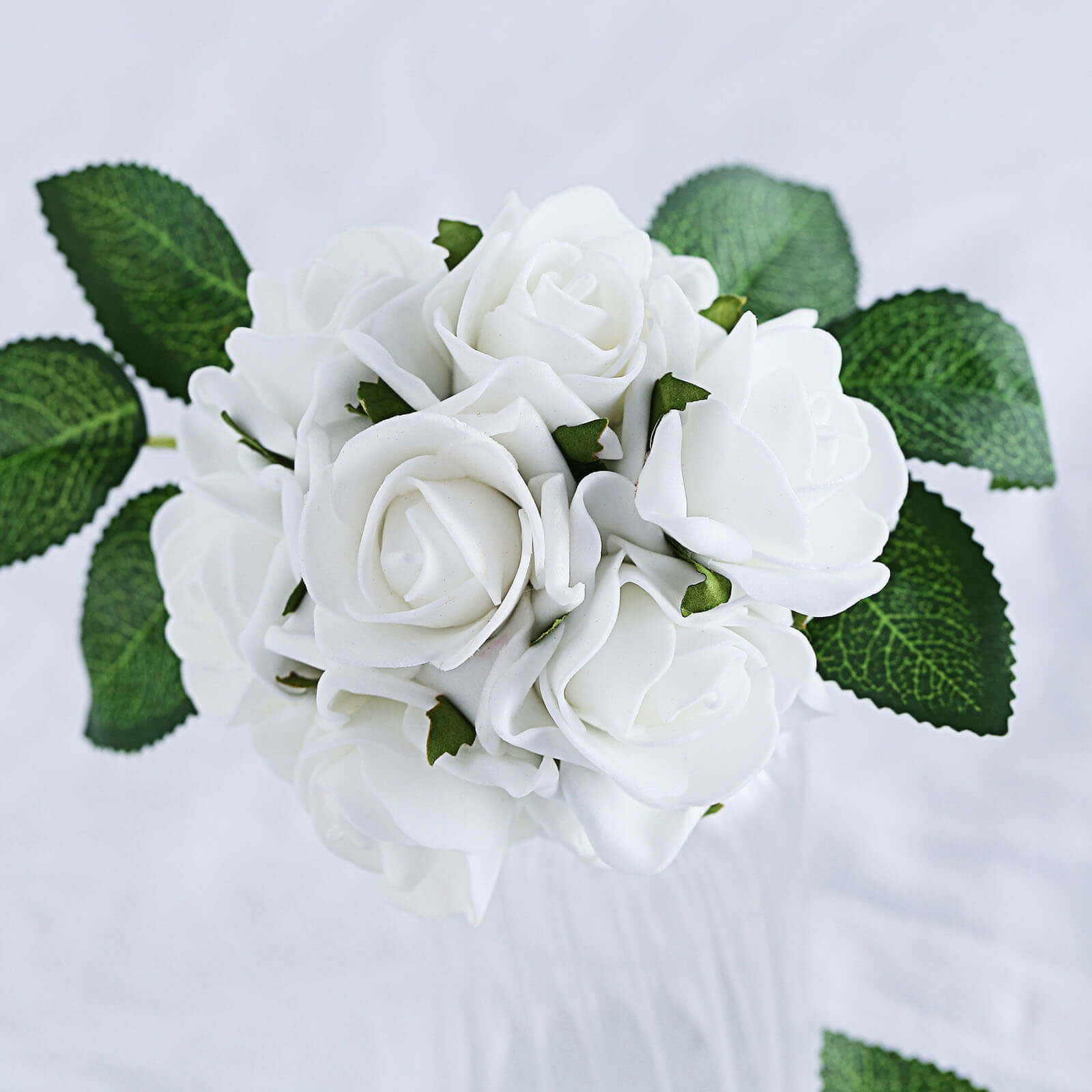 24 Roses 2 White Artificial Foam Flowers With Stem Wire and Leaves