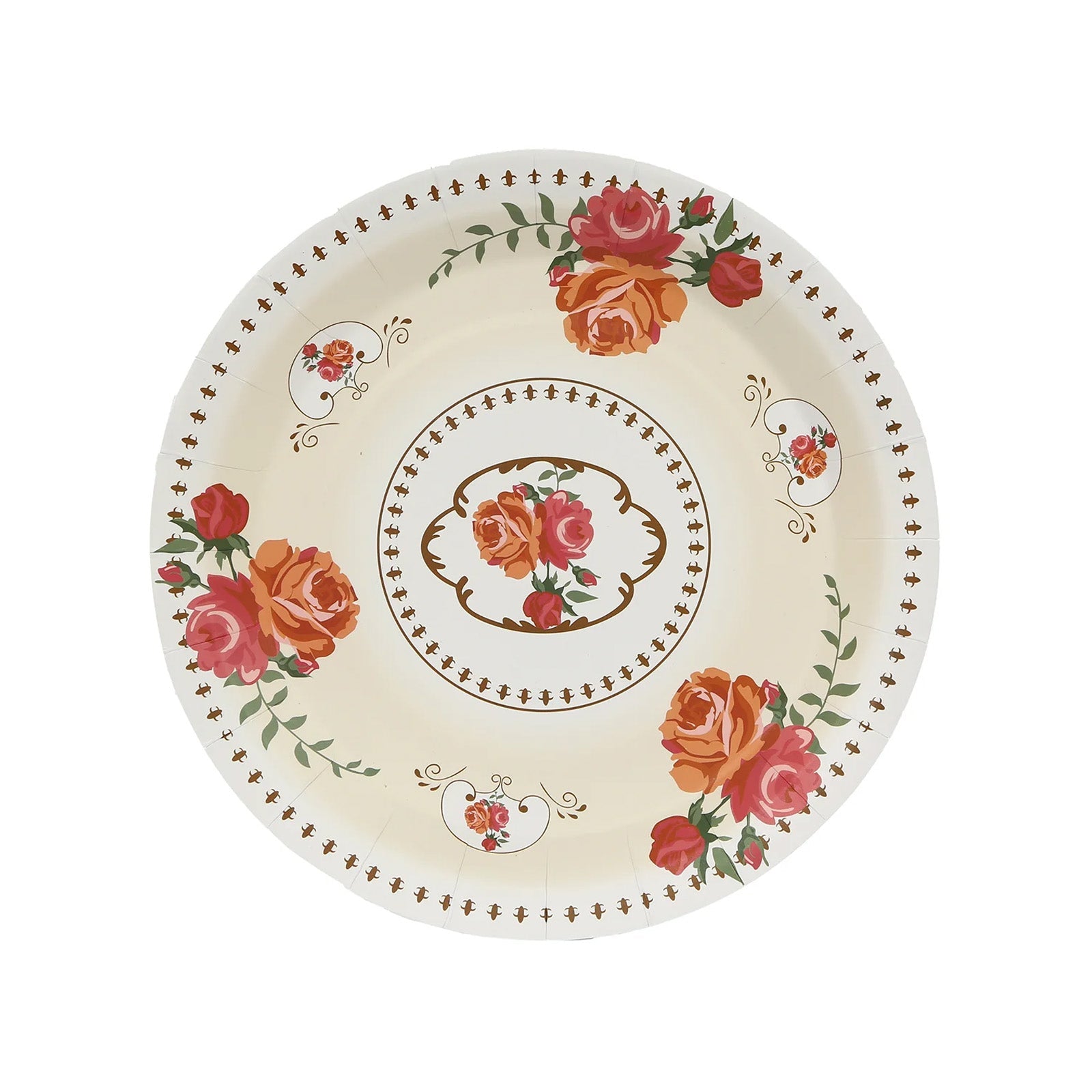 25-Pack Paper 9 Round Dinner Plates in Ivory with Vintage Rose Flower Print - Disposable Plates for High Tea Gatherings & Romantic Celebrations