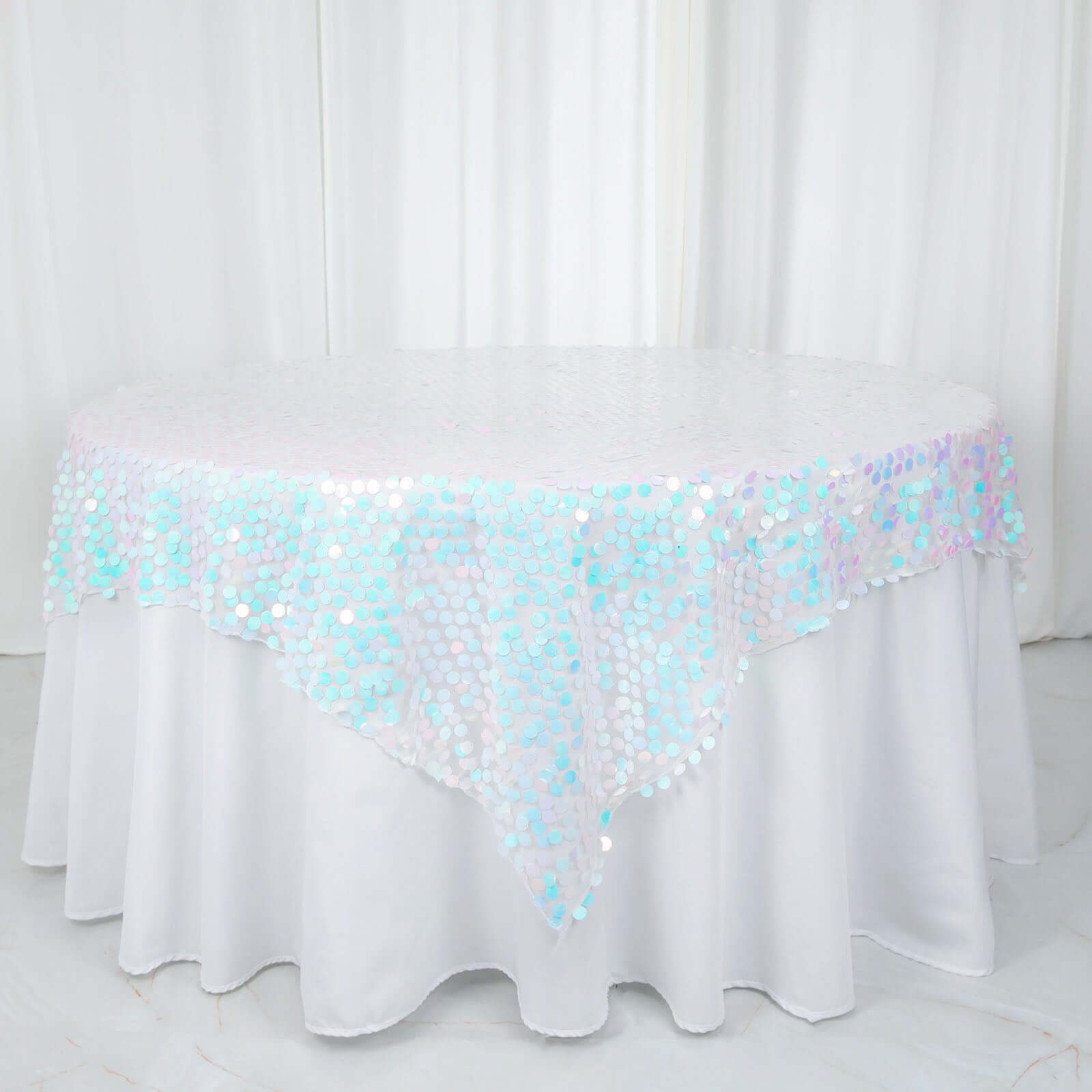 Sequin 72x72 Table Overlay Square Tablecloth Iridescent Blue - Big Payette Table Cover