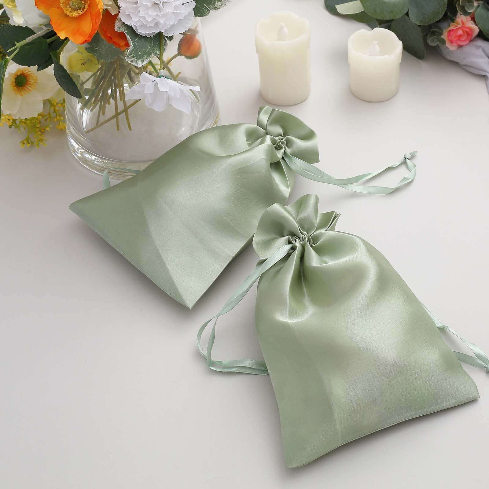 12 Pack 6x9 Sage Green Satin Wedding Party Favor Bags, Drawstring Pouch Gift Bags