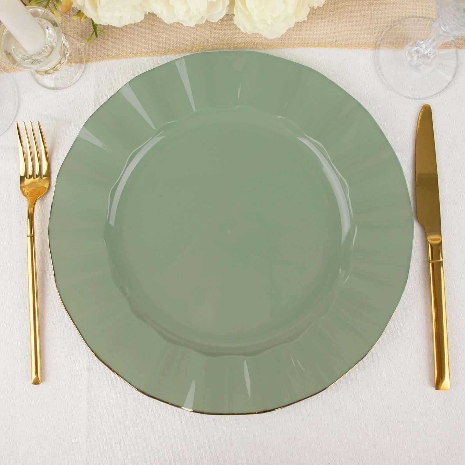 10-Pack Plastic 11 Round Dinner Plates in Dusty Sage Green Ruffled Rim with Gold Edging - Sturdy Disposable Dinnerware