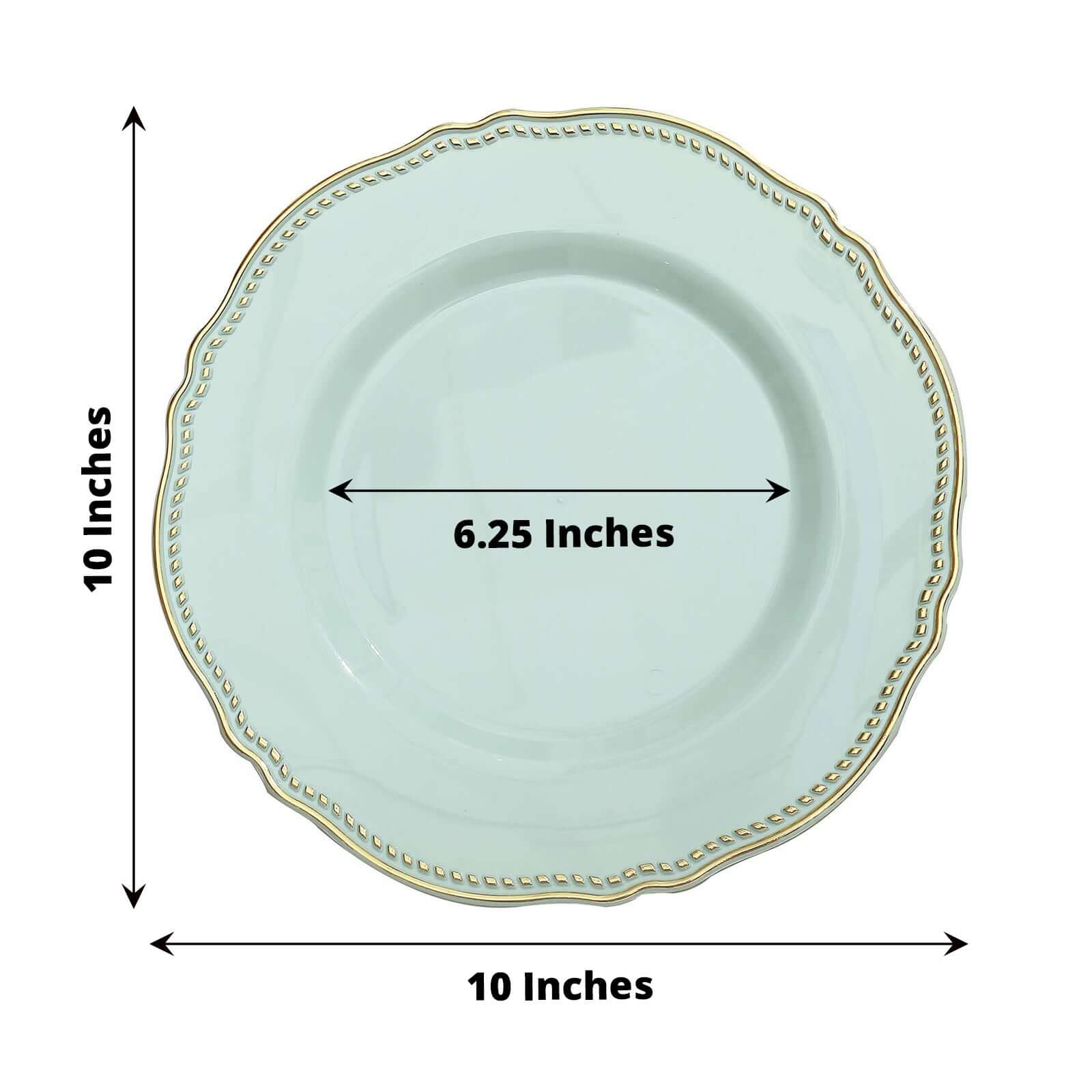 10-Pack Plastic 10 Dinner Plates in Jade with Gold Scalloped Rim - Disposable Large Party Plates