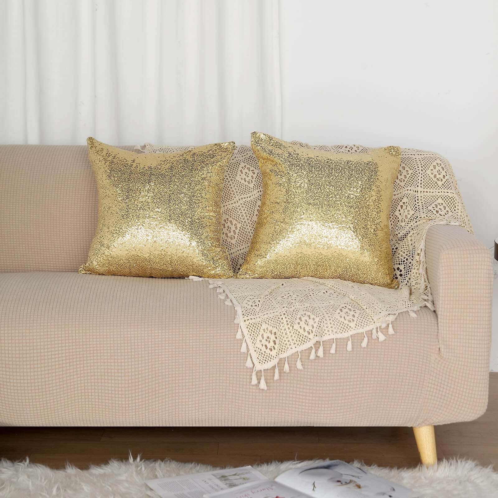 2 Pack 18x18 Sequin Throw Pillow Cover, Decorative Cushion Case - Square Champagne Sequin