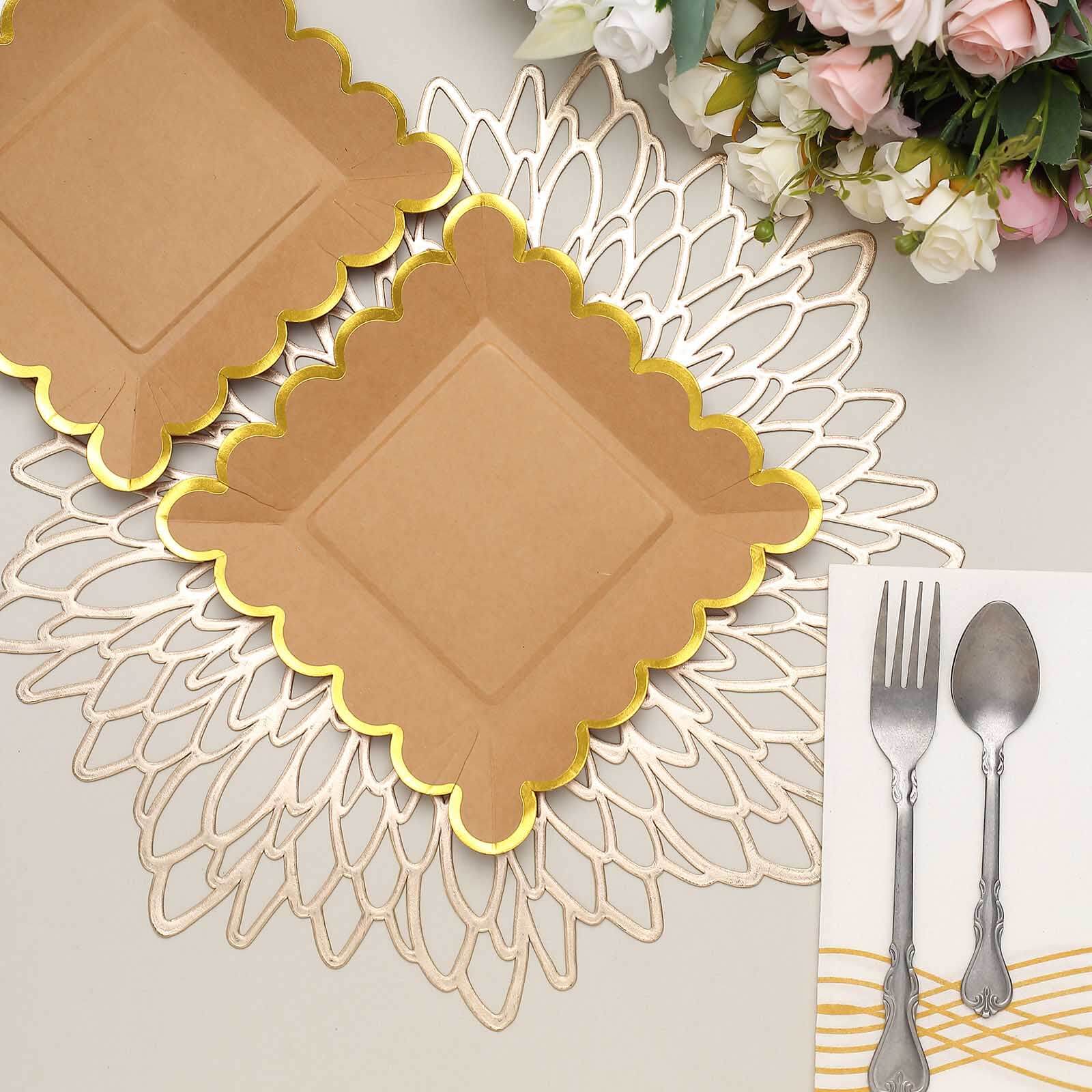 25-Pack Paper 7 Square Dessert Plates in Natural Brown with Gold Scalloped Rim - Disposable Salad Appetizer Party Plates for Stylish Outdoor Events & Boho Celebrations