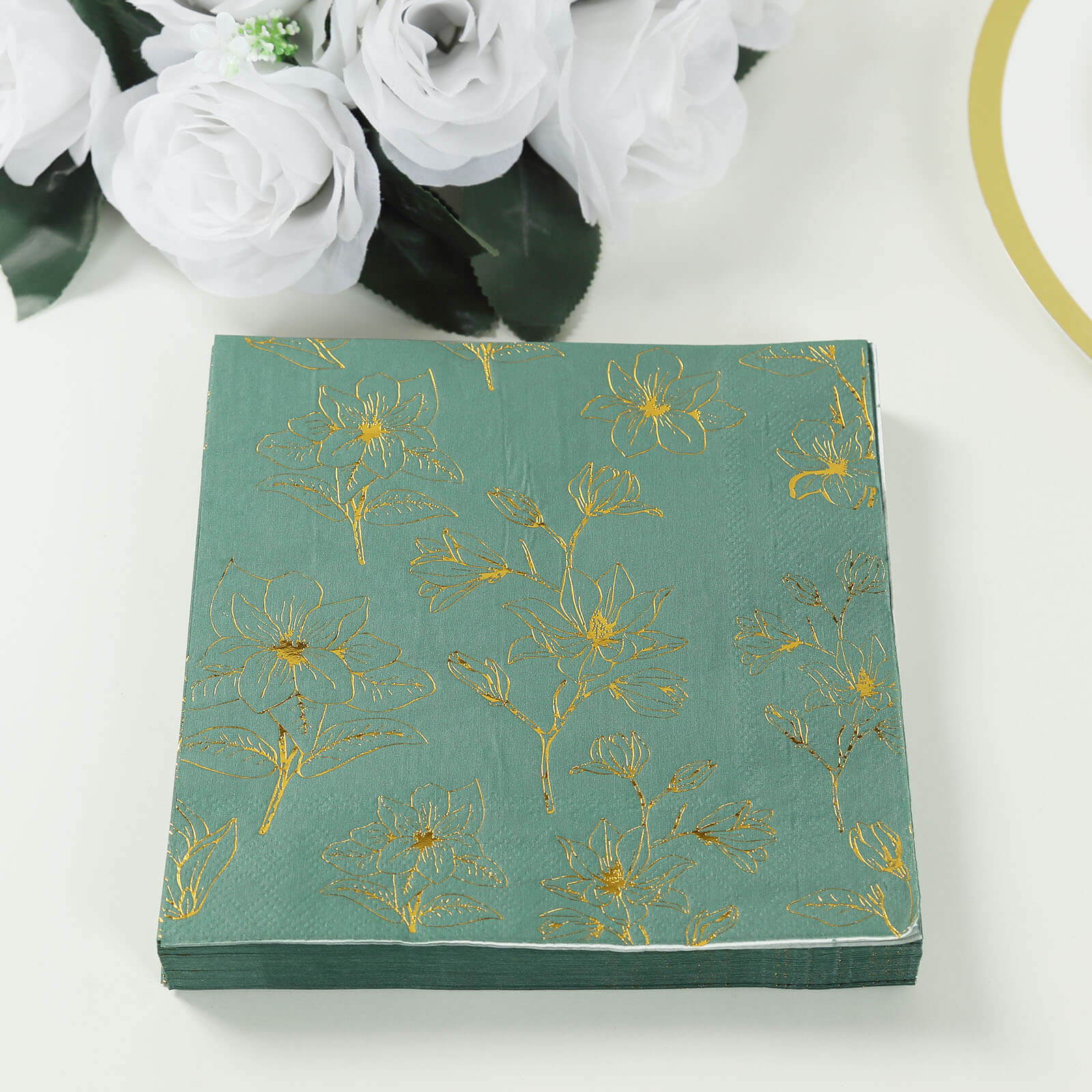 50-Pack Paper Cocktail Napkins with Gold Magnolia Flowers Print Dusty Sage Green - Highly 2 Ply Absorbent Soft Napkins for Beverages