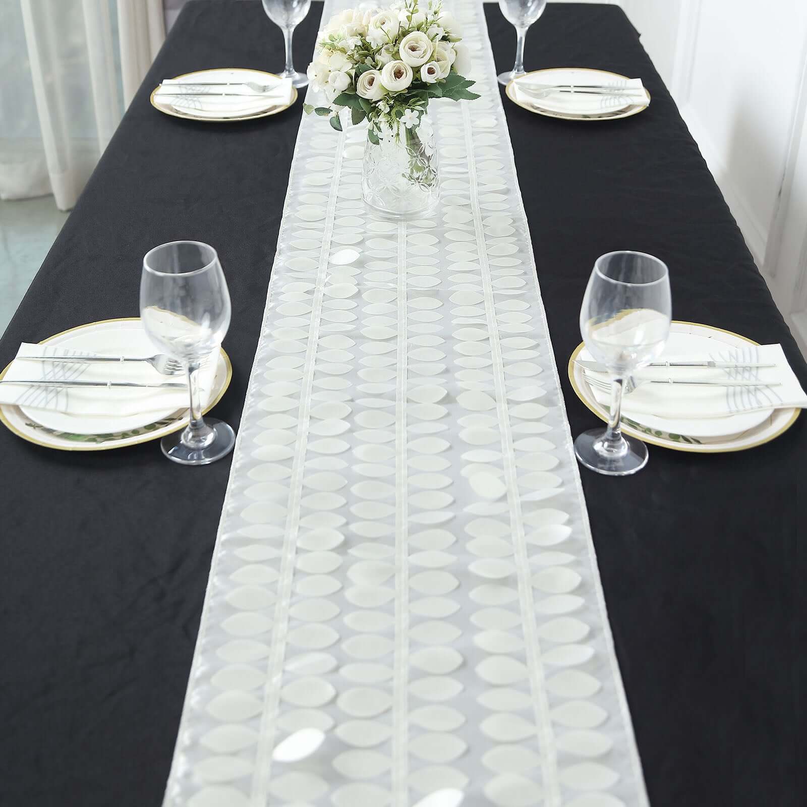 Taffeta Fabric 12x108 Table Runner Ivory - 3D Leaf Petal Design