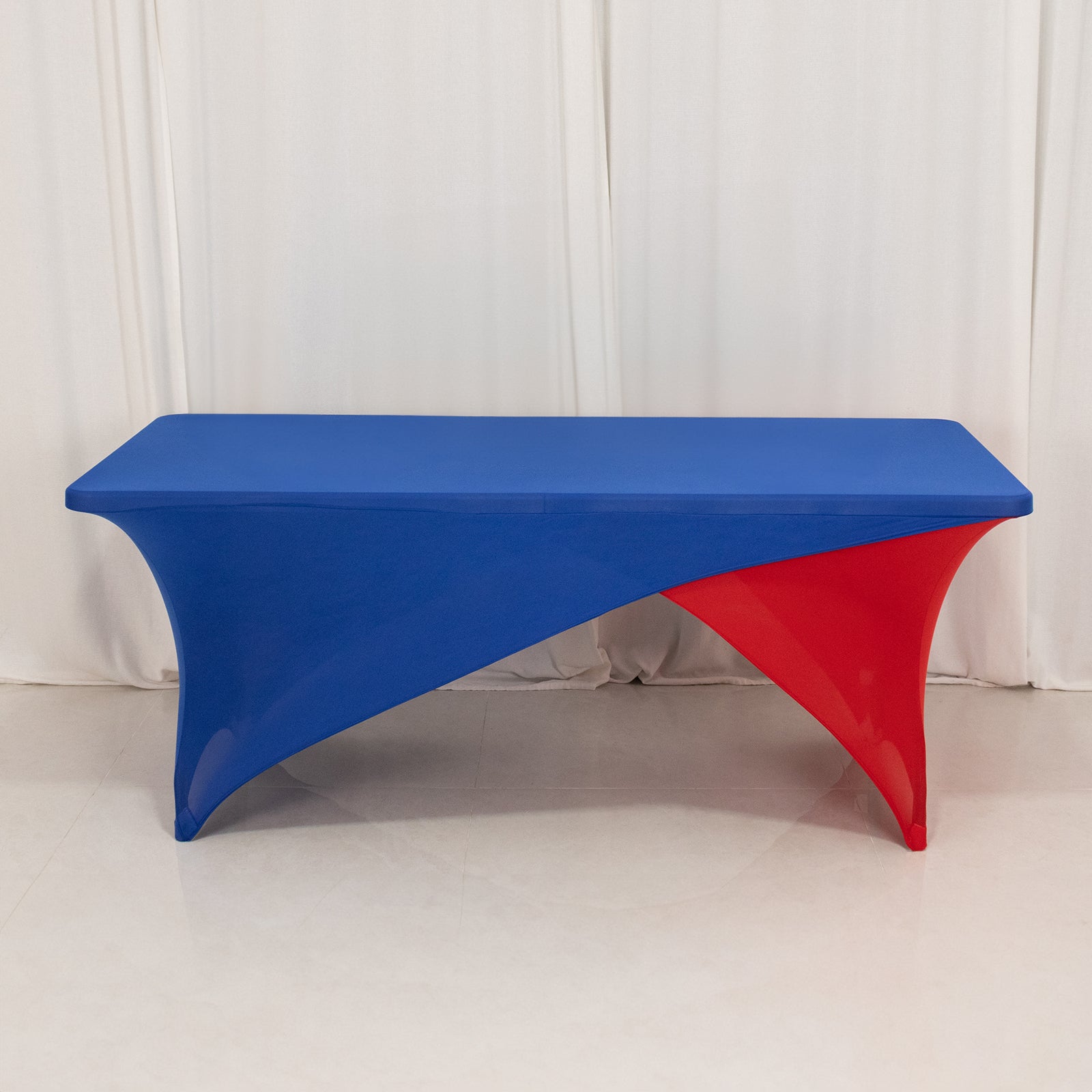 Stretch Spandex 72x30 Rectangle Table Cover Royal Blue/Red Cross Over Design - Two-Piece Fitted Tablecloth with Elastic Foot Pockets