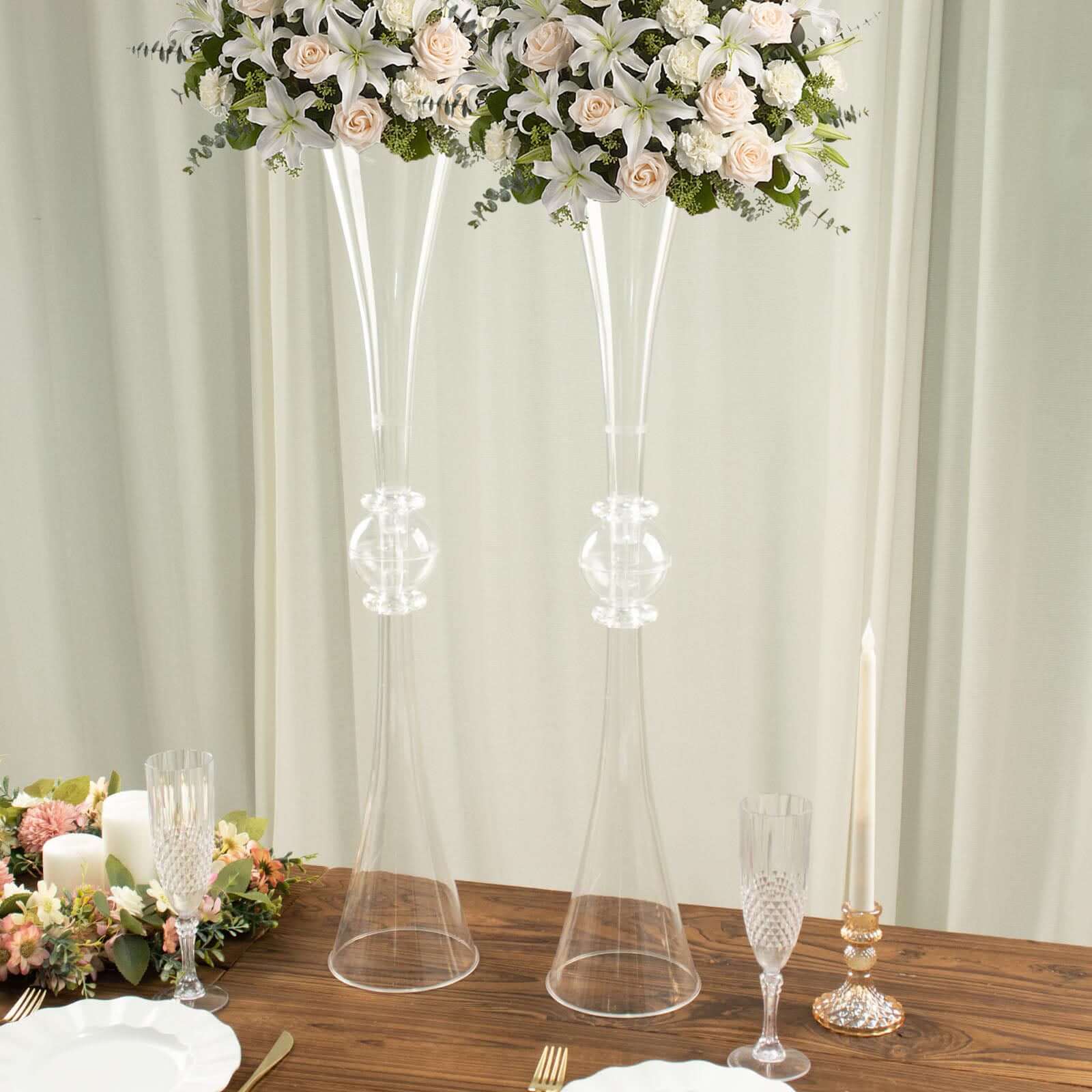 2 Pack 31 Clear Crystal Embellishment Trumpet Flower Vase, Reversible Plastic Table Centerpiece
