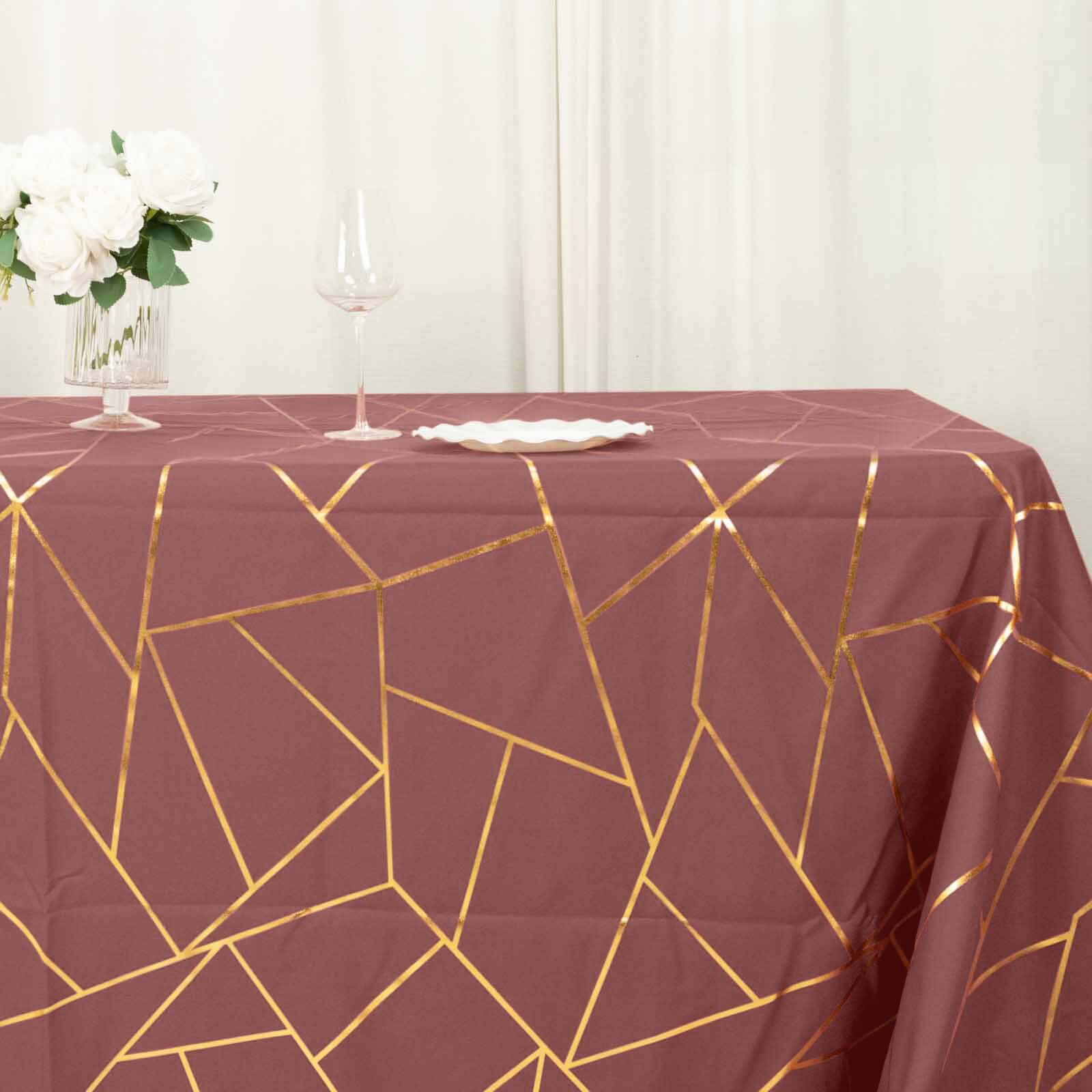 Polyester 60x132 Rectangle Tablecloth Cinnamon Rose with Gold Foil Geometric Pattern - Wrinkle-Resistant and Durable Table Cover for Weddings & Events