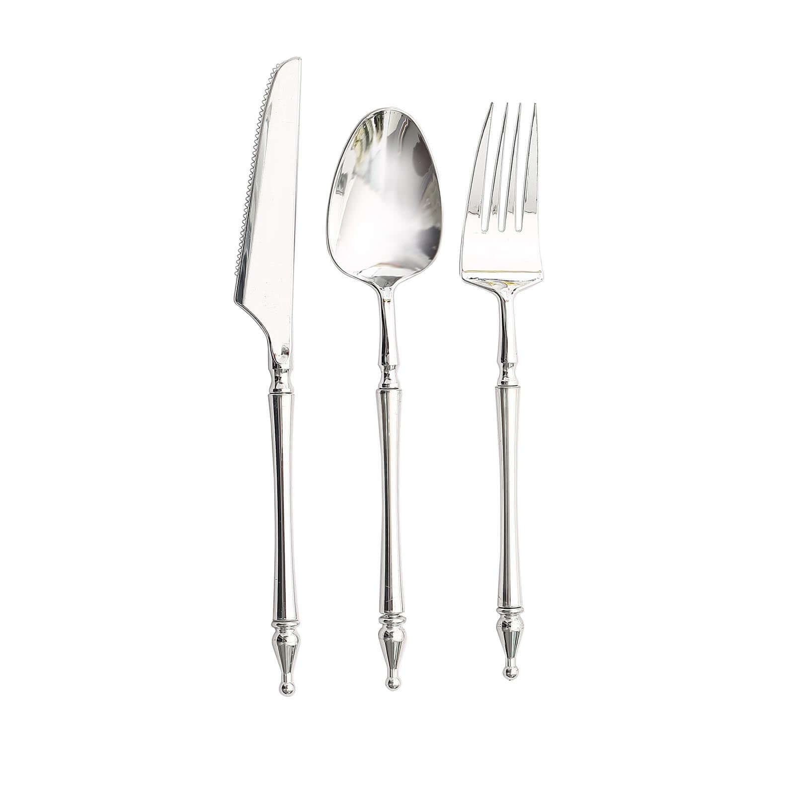 24-Pack Plastic Utensil Set with Roman Column Handle Silver - Disposable Silverware