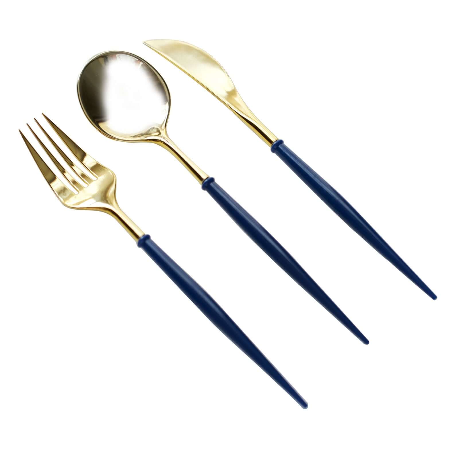 24-Pack Plastic Flatware Set in Metallic Gold with Royal Blue Handle - Heavy Duty Disposable Modern Silverware 8