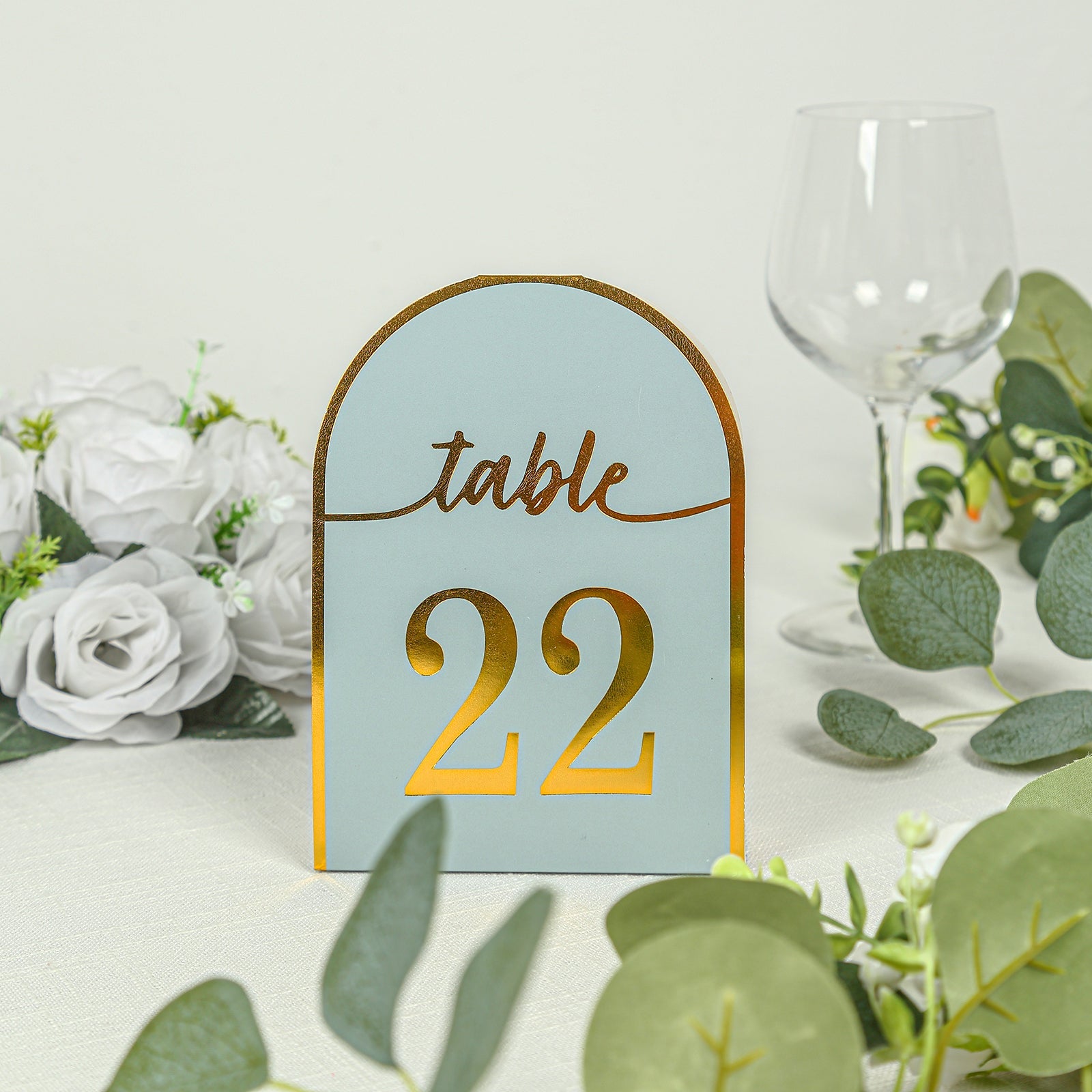 25-Pack Paper Wedding Table Numbers 1-25 Dusty Blue Arch Cutout Design - Sleek & Modern Free Standing Double Sided Table Tent Cards with Metallic Gold Foil Numbers 7