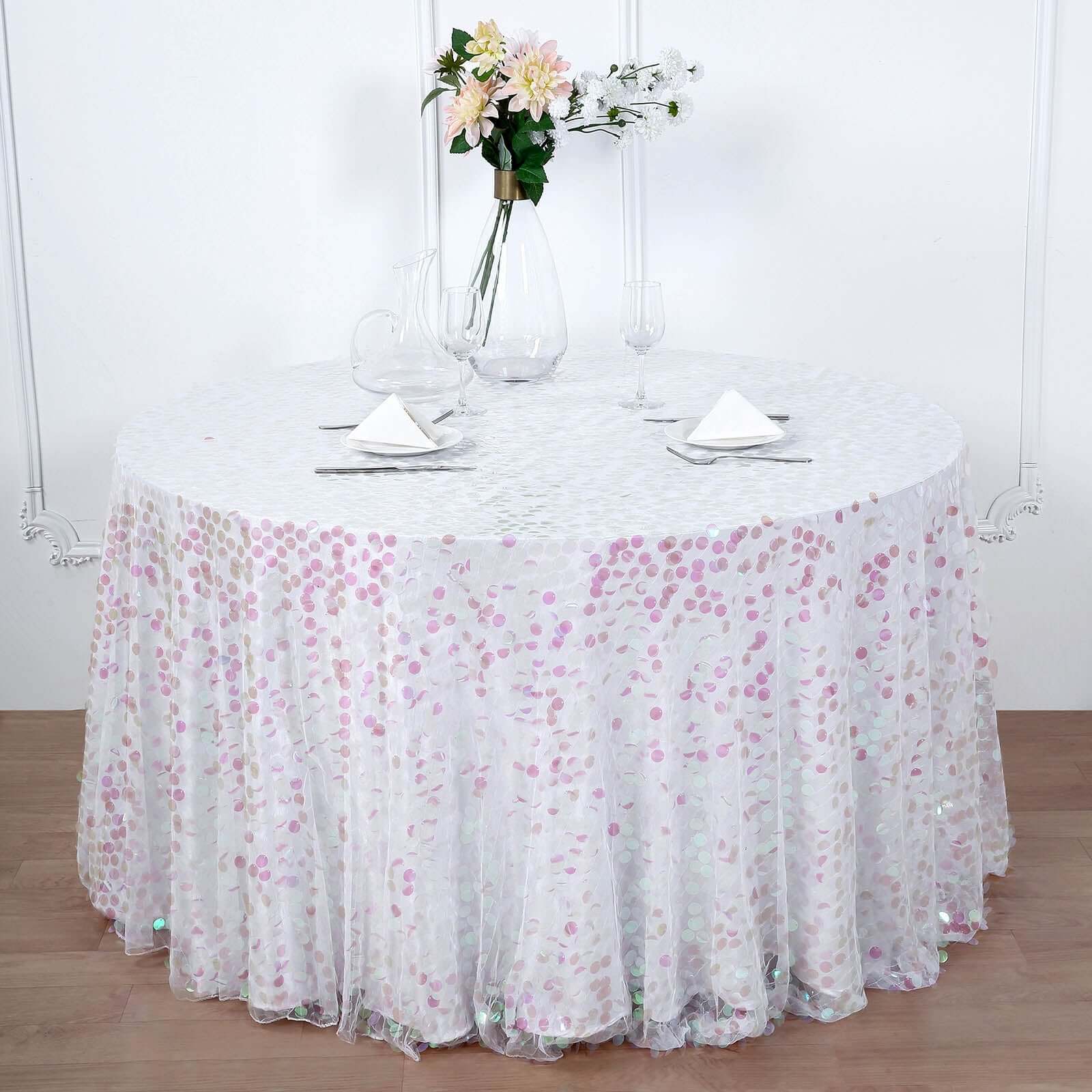 120 Iridescent Seamless Big Payette Sequin Round Tablecloth Collection for 5 Foot Table With Floor-Length Drop