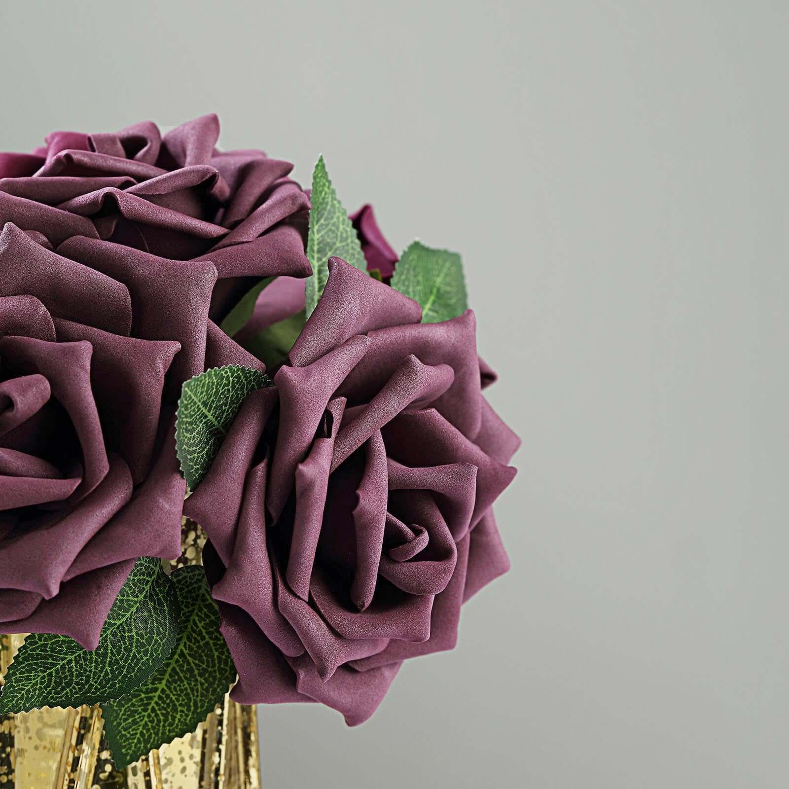 24 Roses 5 Eggplant Artificial Foam Flowers With Stem Wire and Leaves
