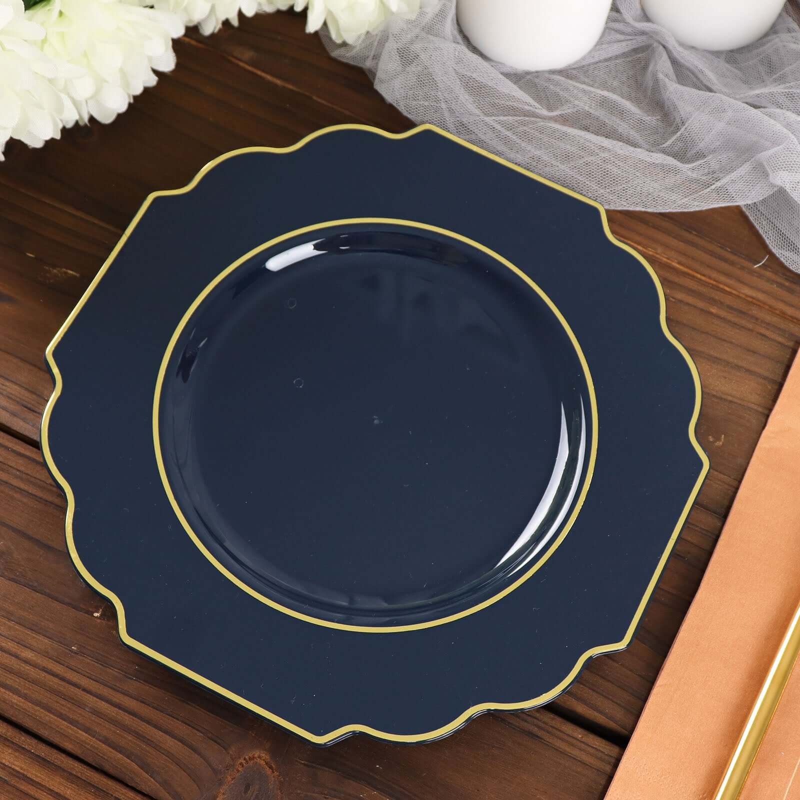 10 Pack 8 Navy Blue Hard Plastic Dessert Appetizer Plates, Disposable Tableware, Baroque Heavy Duty Salad Plates with Gold Rim