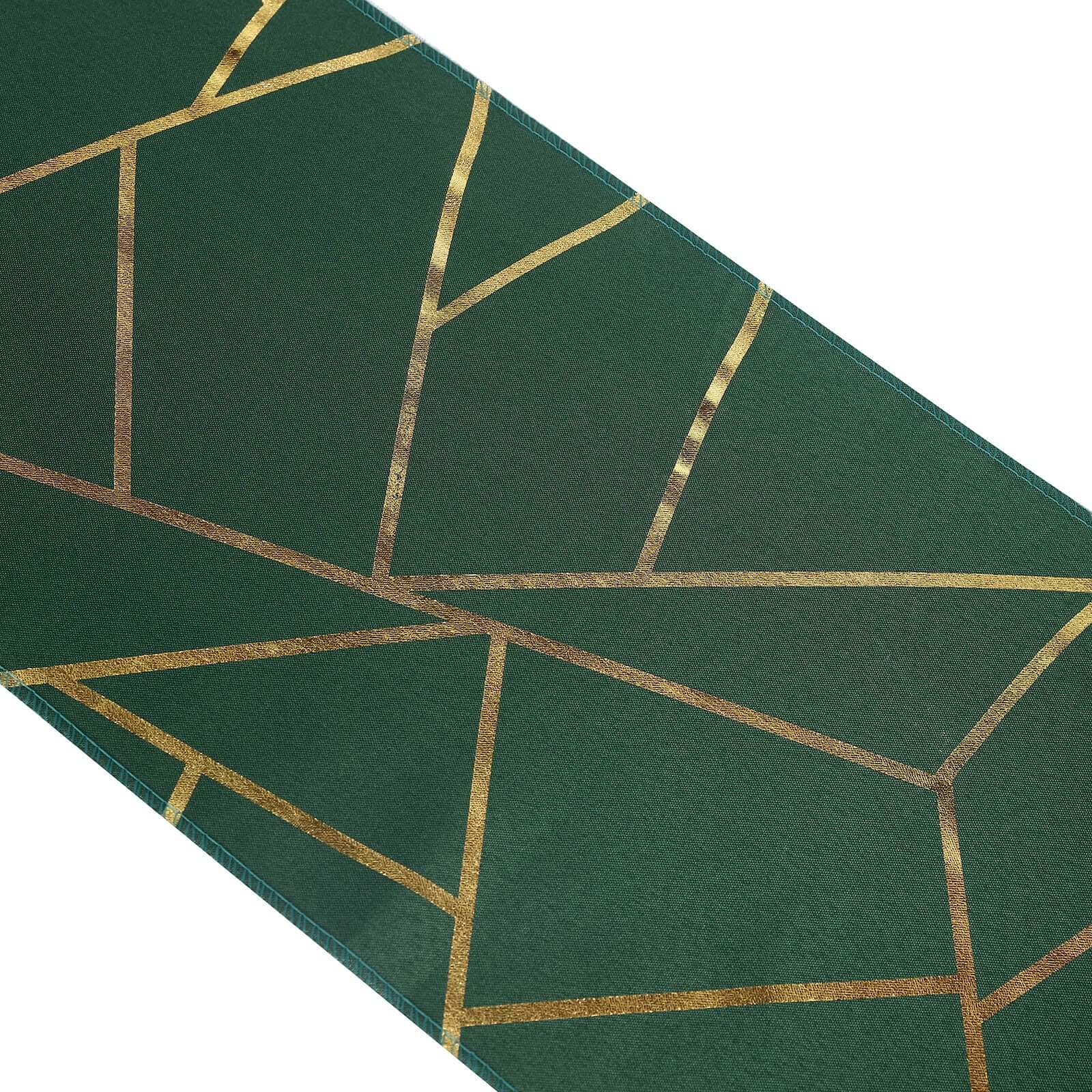 Polyester 9ft Table Runner Hunter Emerald Green with Gold Foil Modern Geometric Accent