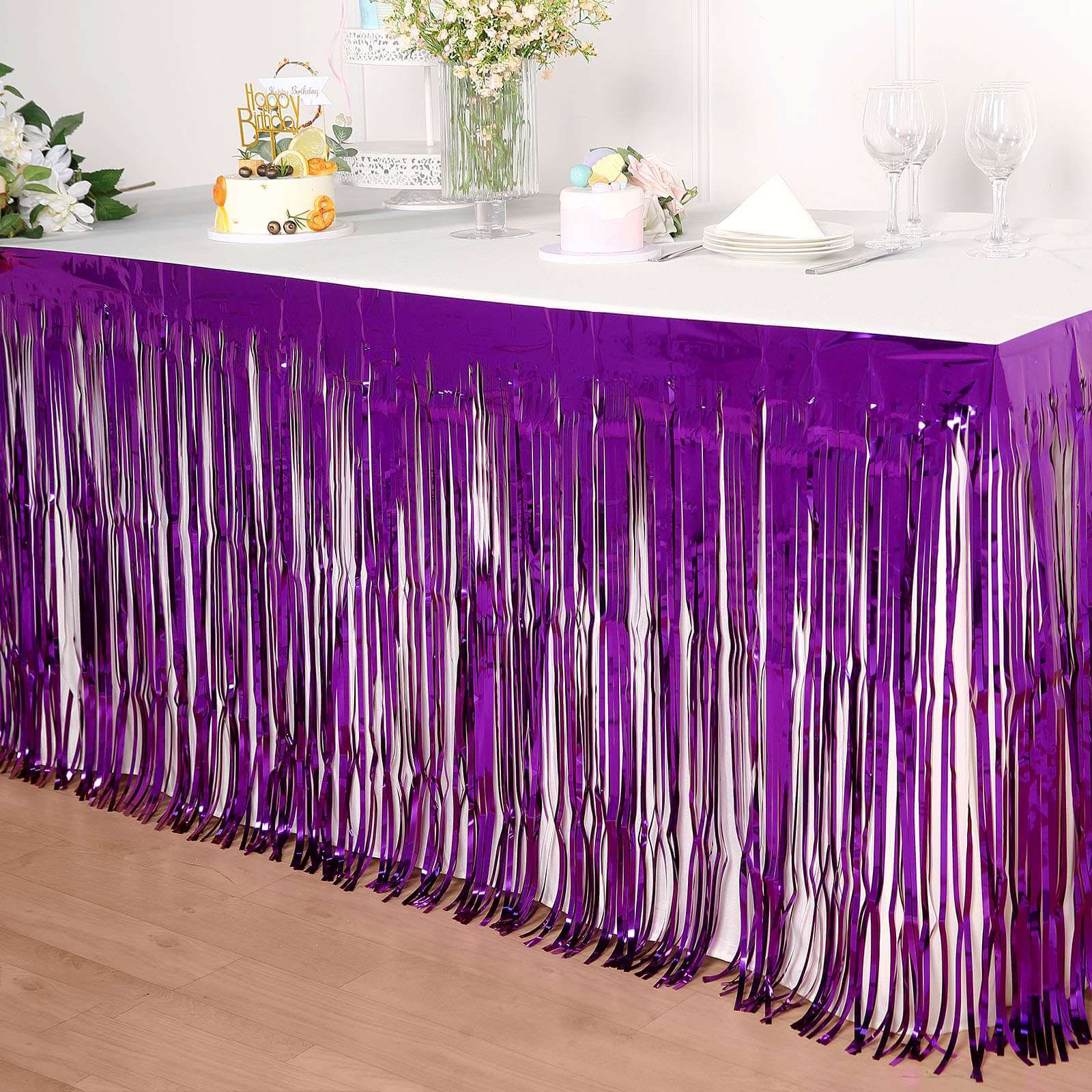 30x9ft Purple Metallic Foil Fringe Table Skirt, Self Adhesive Tinsel Table Skirt